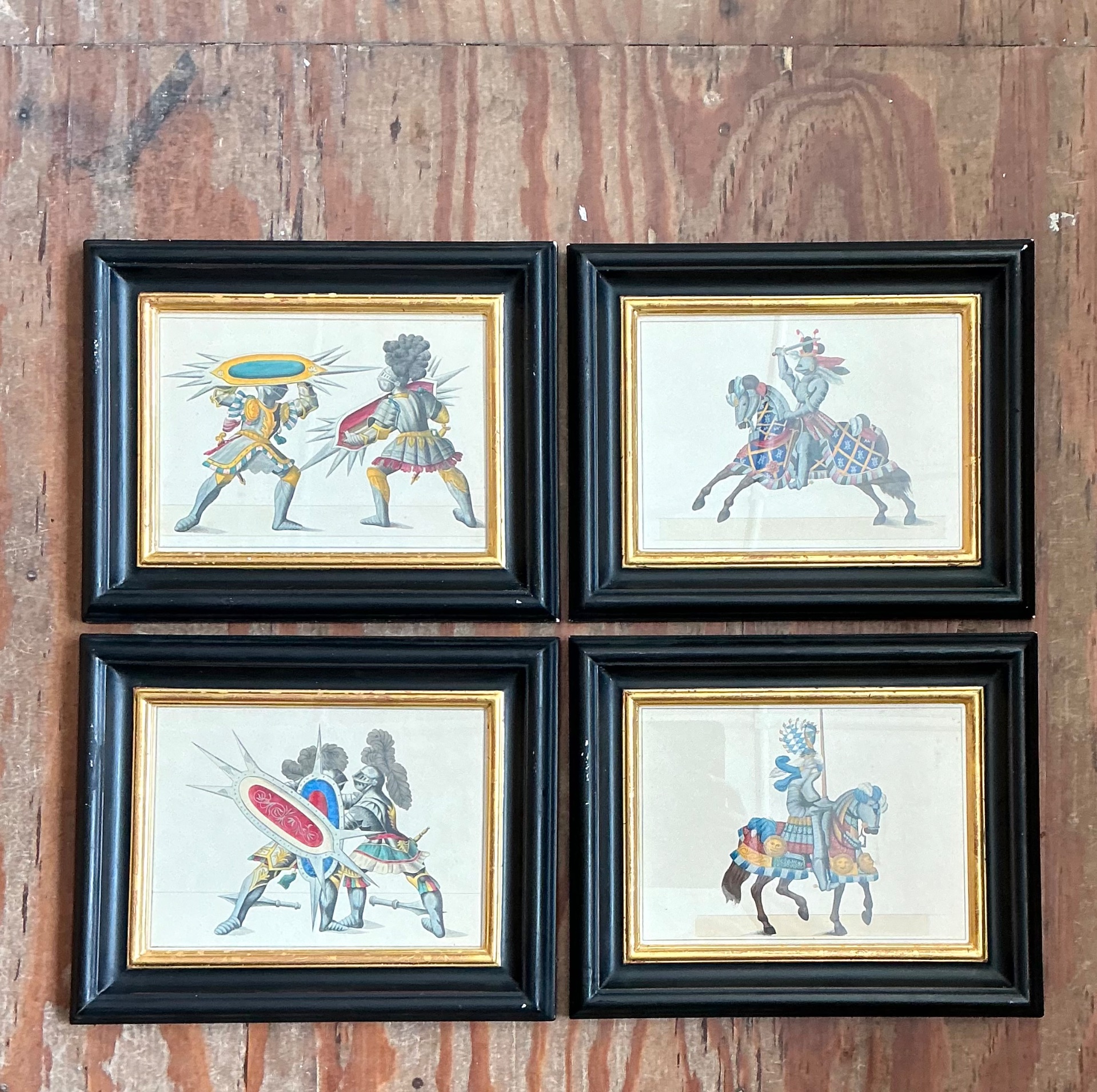 Vintage Medieval Knight Prints in Black Frames - Set of 4 - Top view