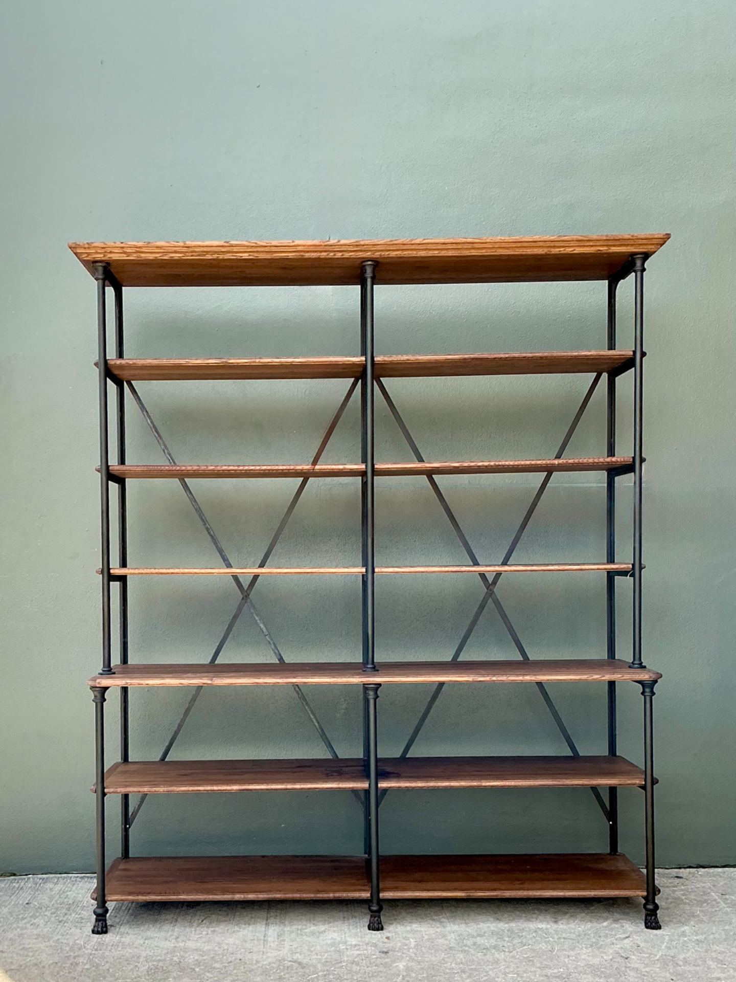 Vintage French Plank Wood and Metal Industrial Bookshelf - Detail view