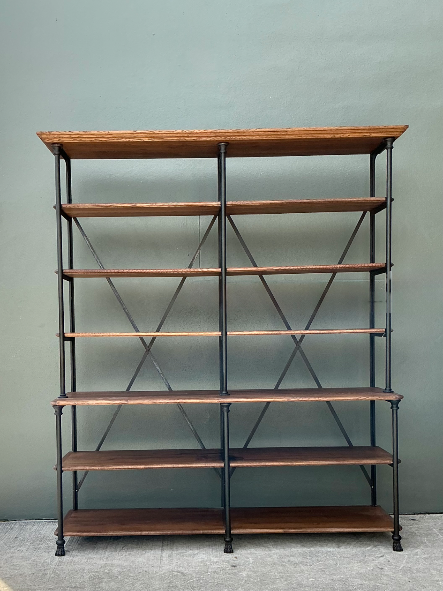 Vintage French Plank Wood and Metal Industrial Bookshelf - Back view