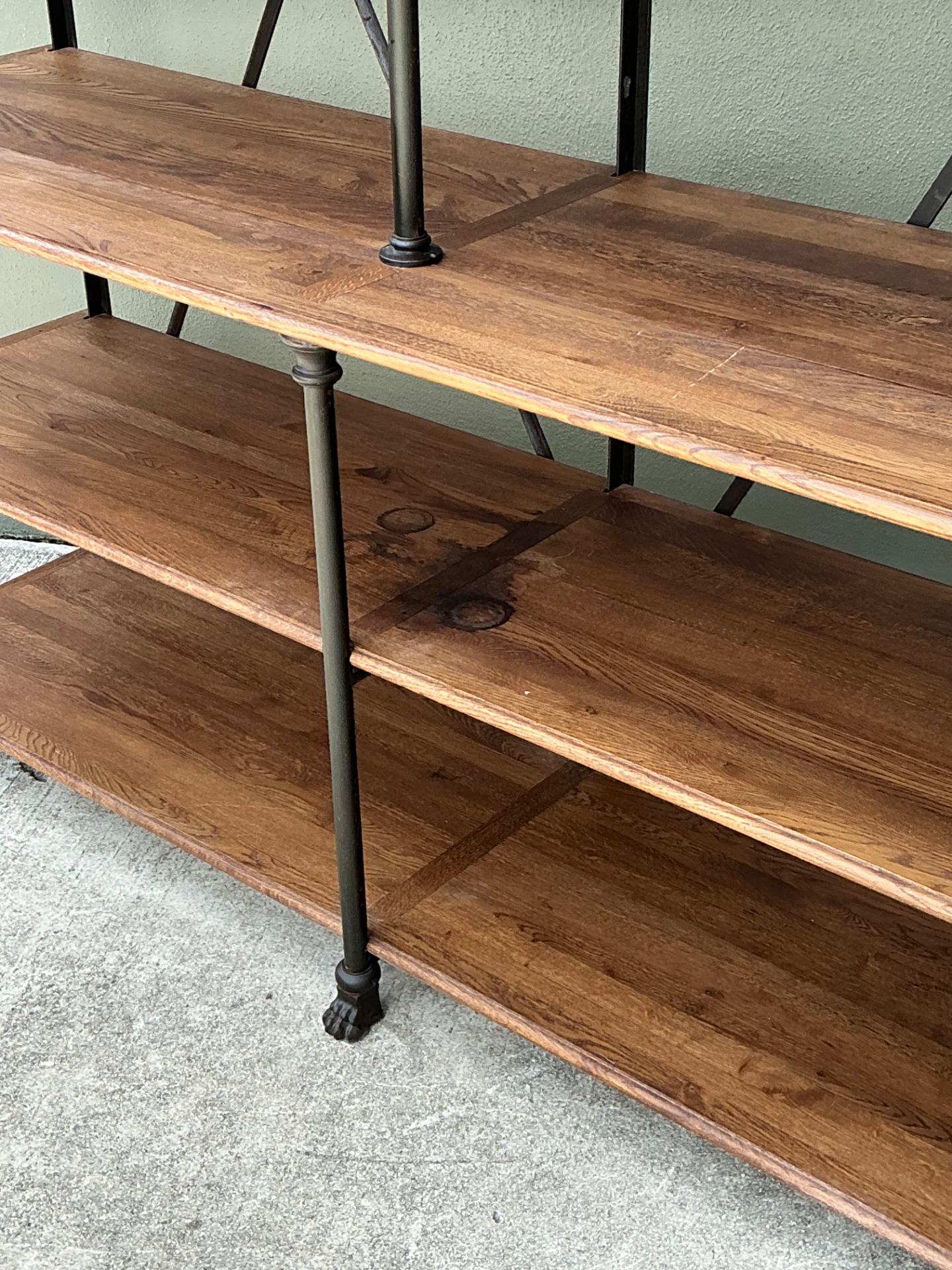 Vintage French Plank Wood and Metal Industrial Bookshelf - Side view
