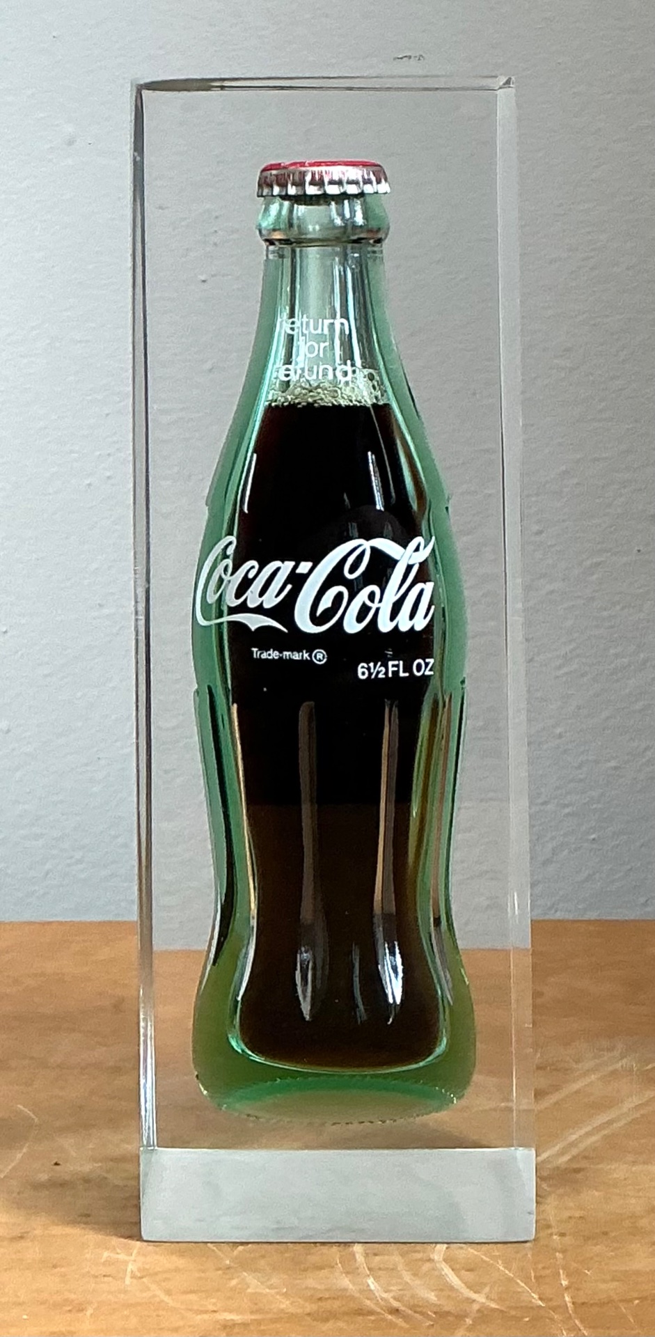 Vintage Coca-Cola Bottle in Lucite Block - Top view