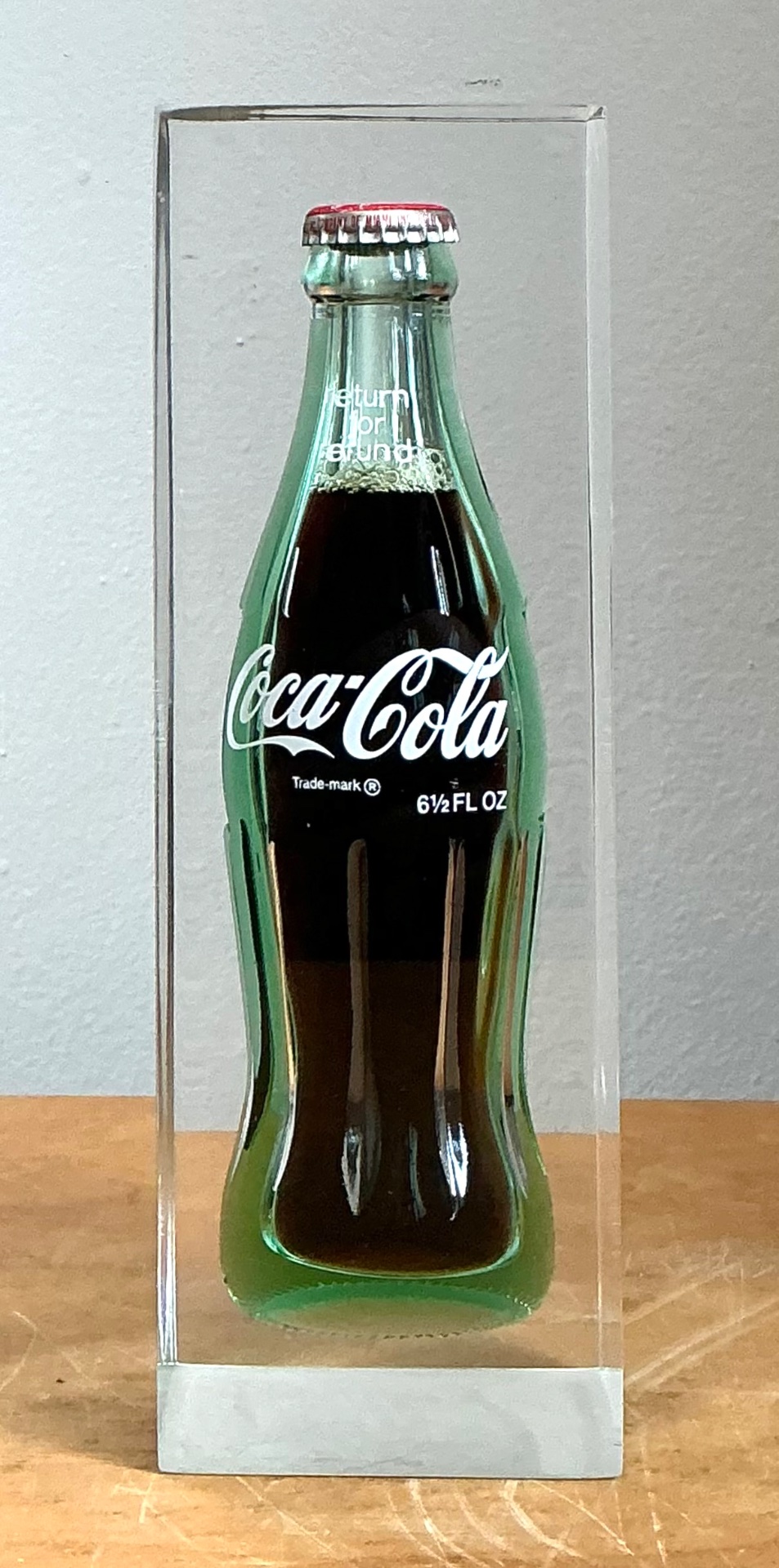 Vintage Coca-Cola Bottle in Lucite Block - Top view