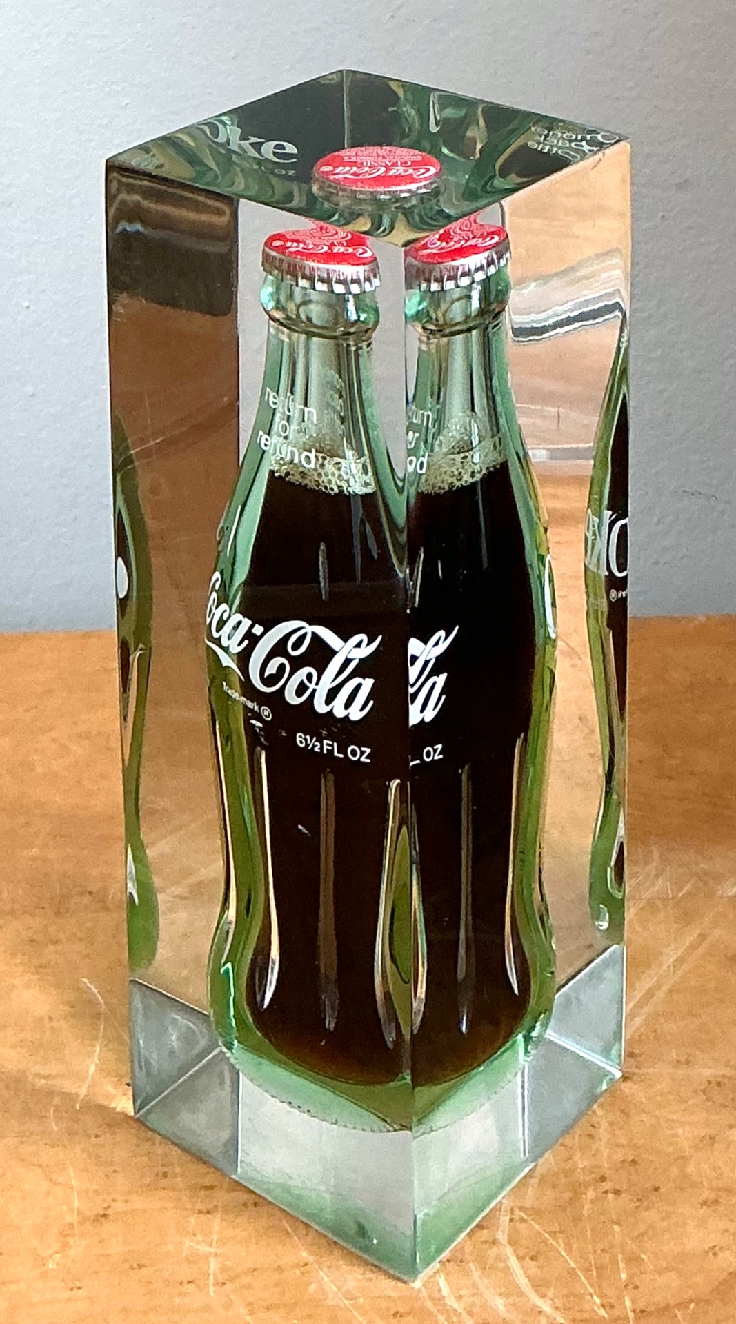 Vintage Coca-Cola Bottle in Lucite Block - Detail view