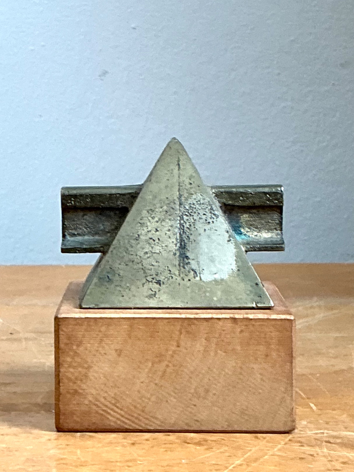 Vintage Small Geometric Metal and Wood Sculpture - Side view