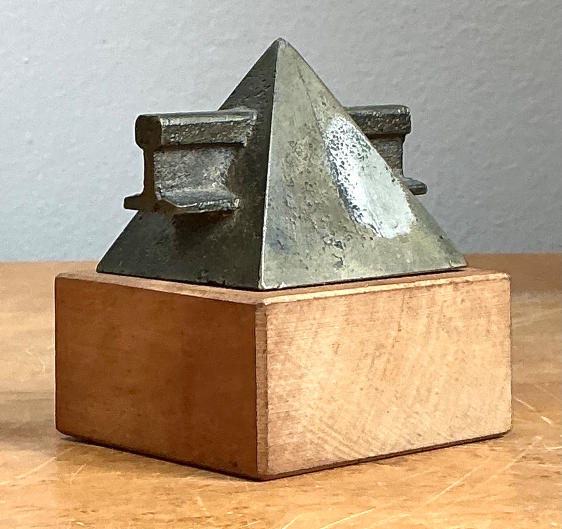 Vintage Small Geometric Metal and Wood Sculpture - Side view