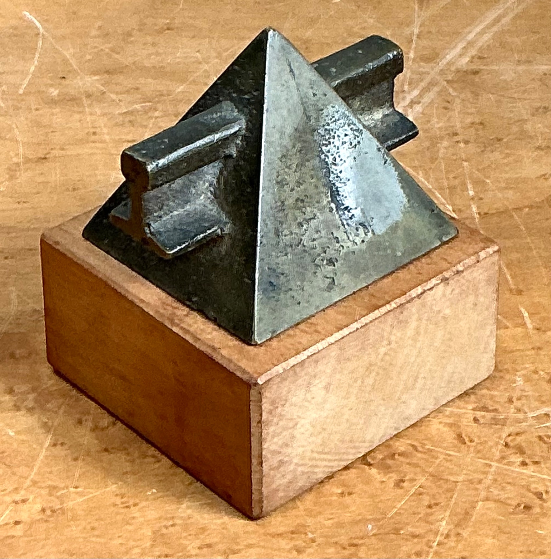 Vintage Small Geometric Metal and Wood Sculpture - Detail view
