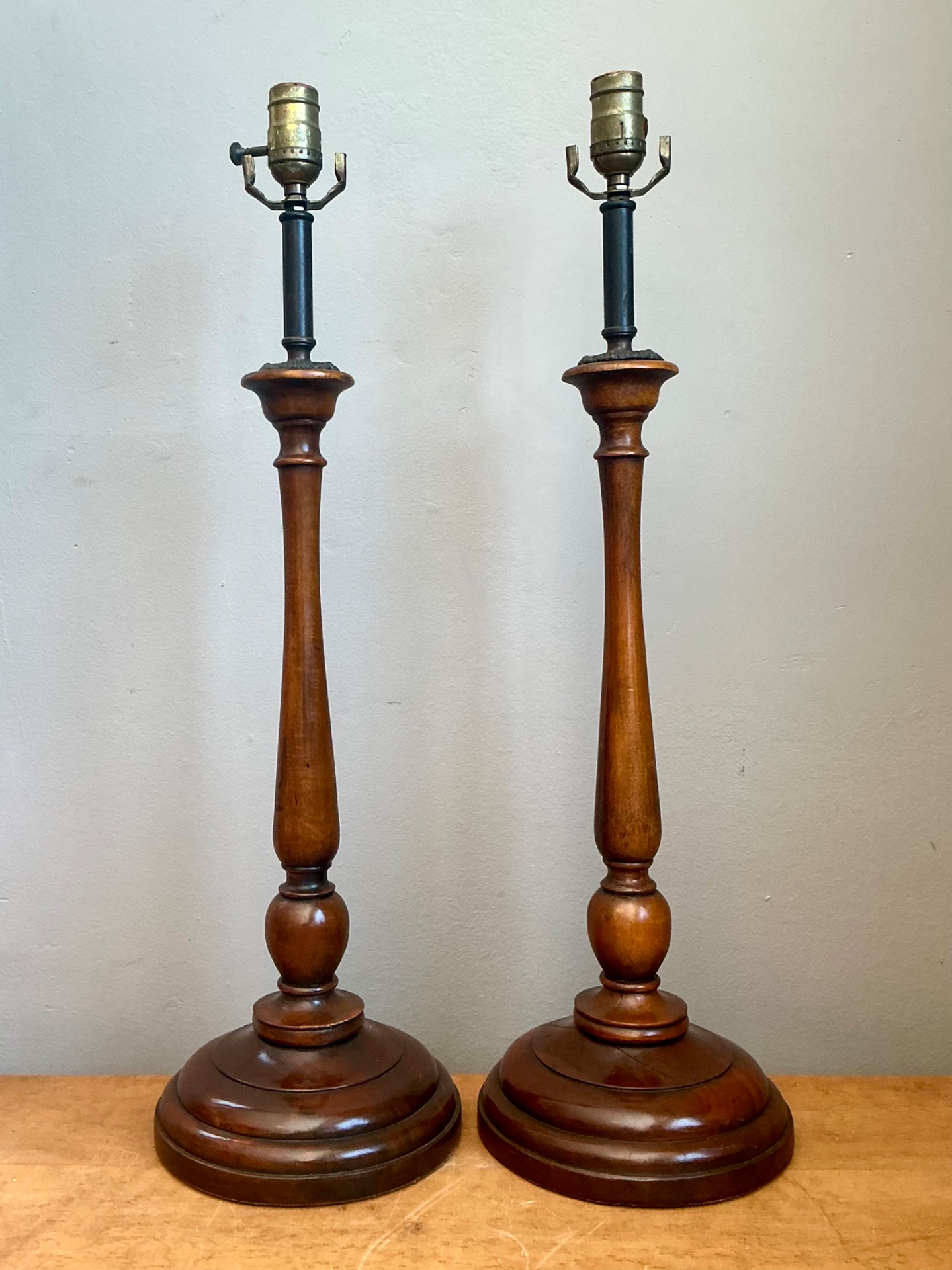 Vintage Theodore Alexander Turned Wood Candlestick Table Lamps - A Pair - Back view