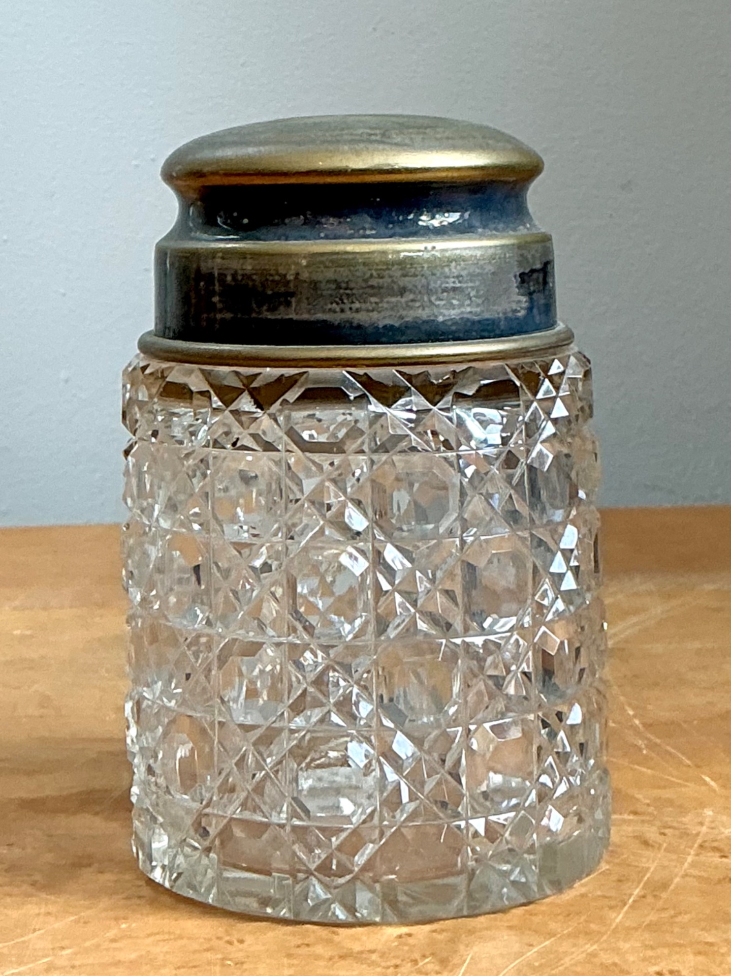 Antique Monogrammed Metal Topped Glass Vanity Jar - Back view