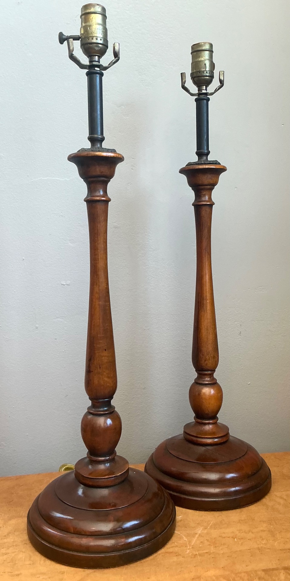 Vintage Theodore Alexander Turned Wood Candlestick Table Lamps - A Pair - Side view