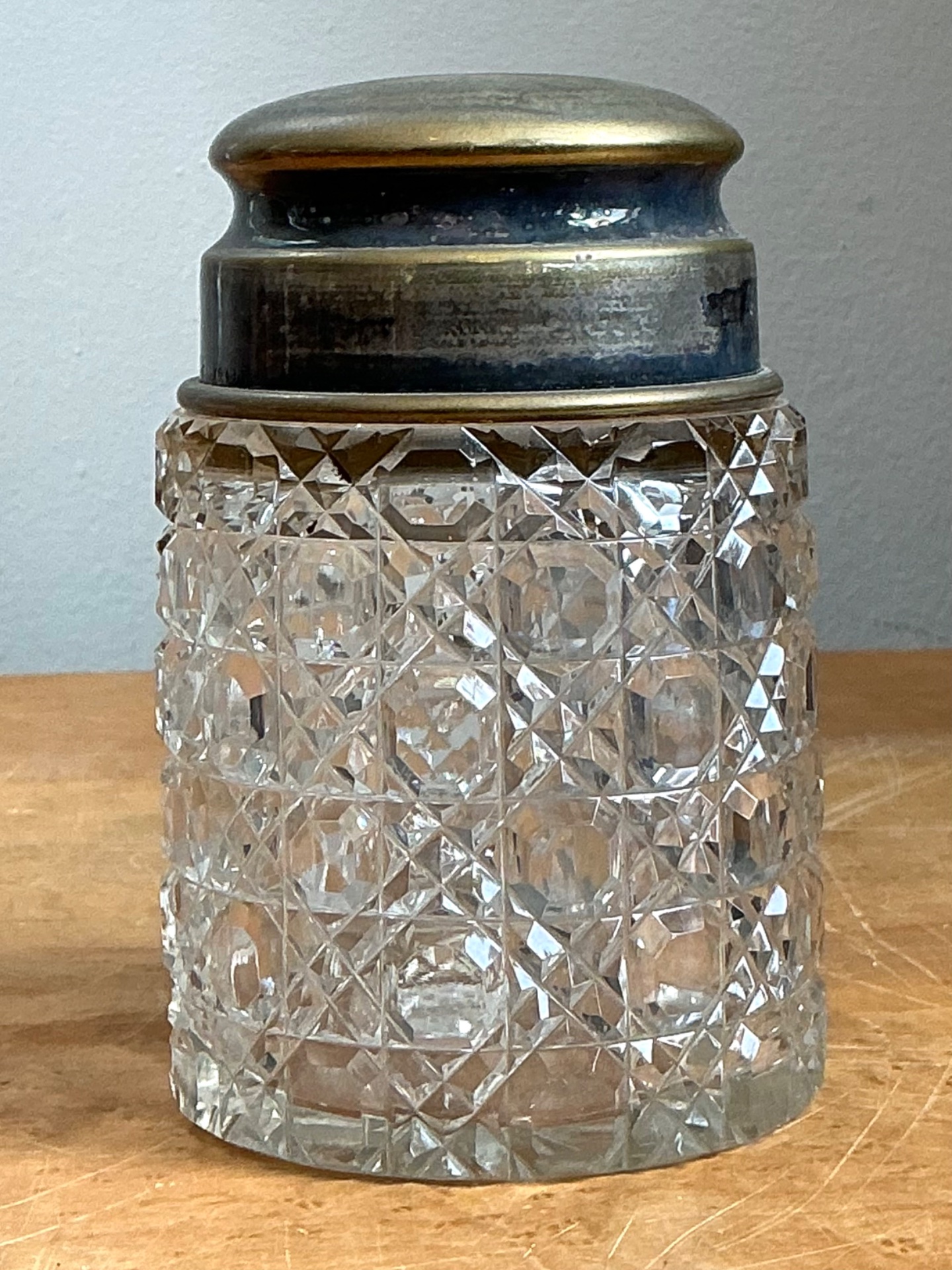 Antique Monogrammed Metal Topped Glass Vanity Jar - Detail view