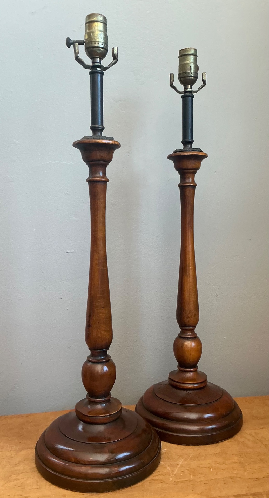 Vintage Theodore Alexander Turned Wood Candlestick Table Lamps - A Pair - Top view