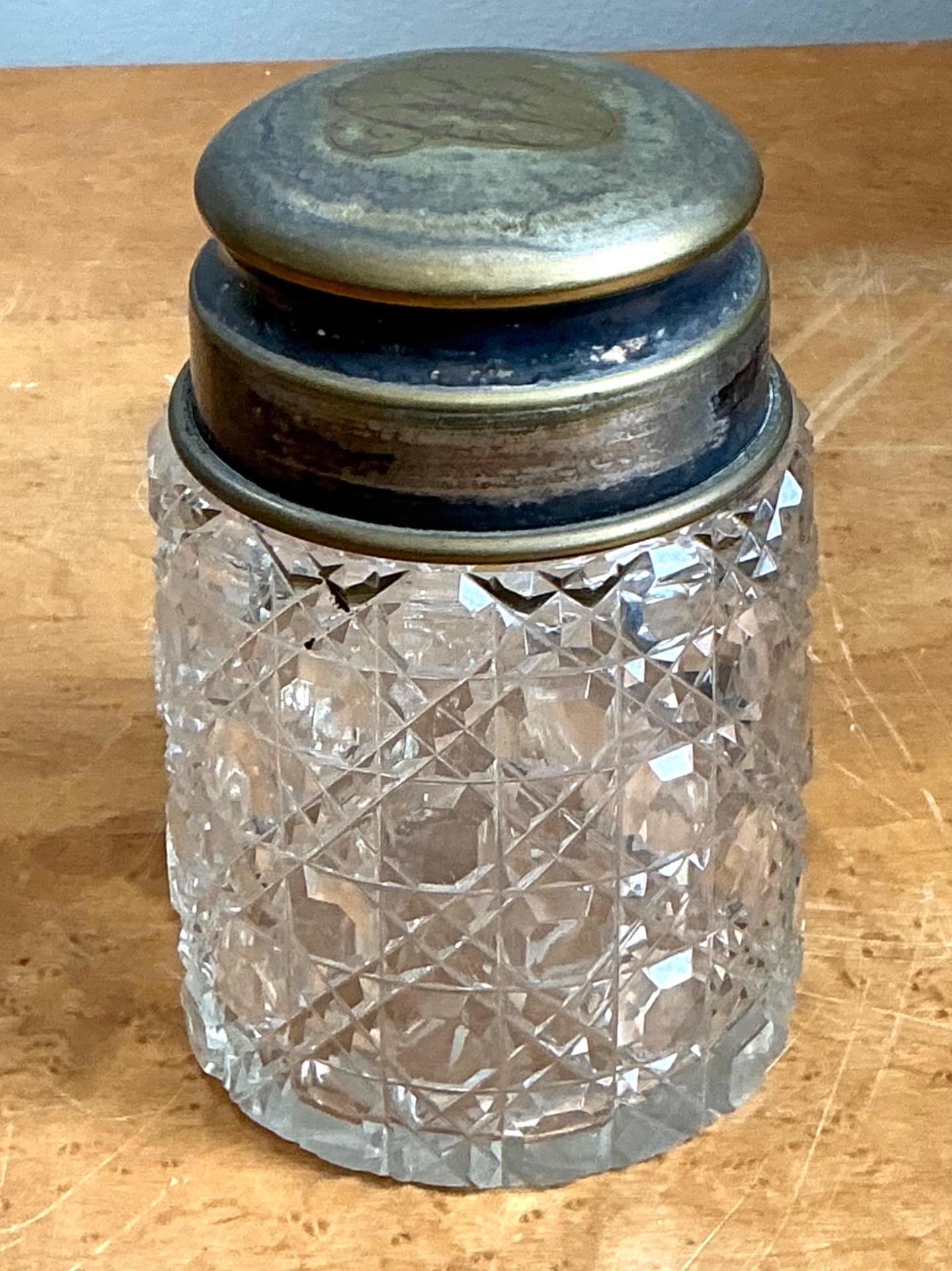 Antique Monogrammed Metal Topped Glass Vanity Jar - Top view