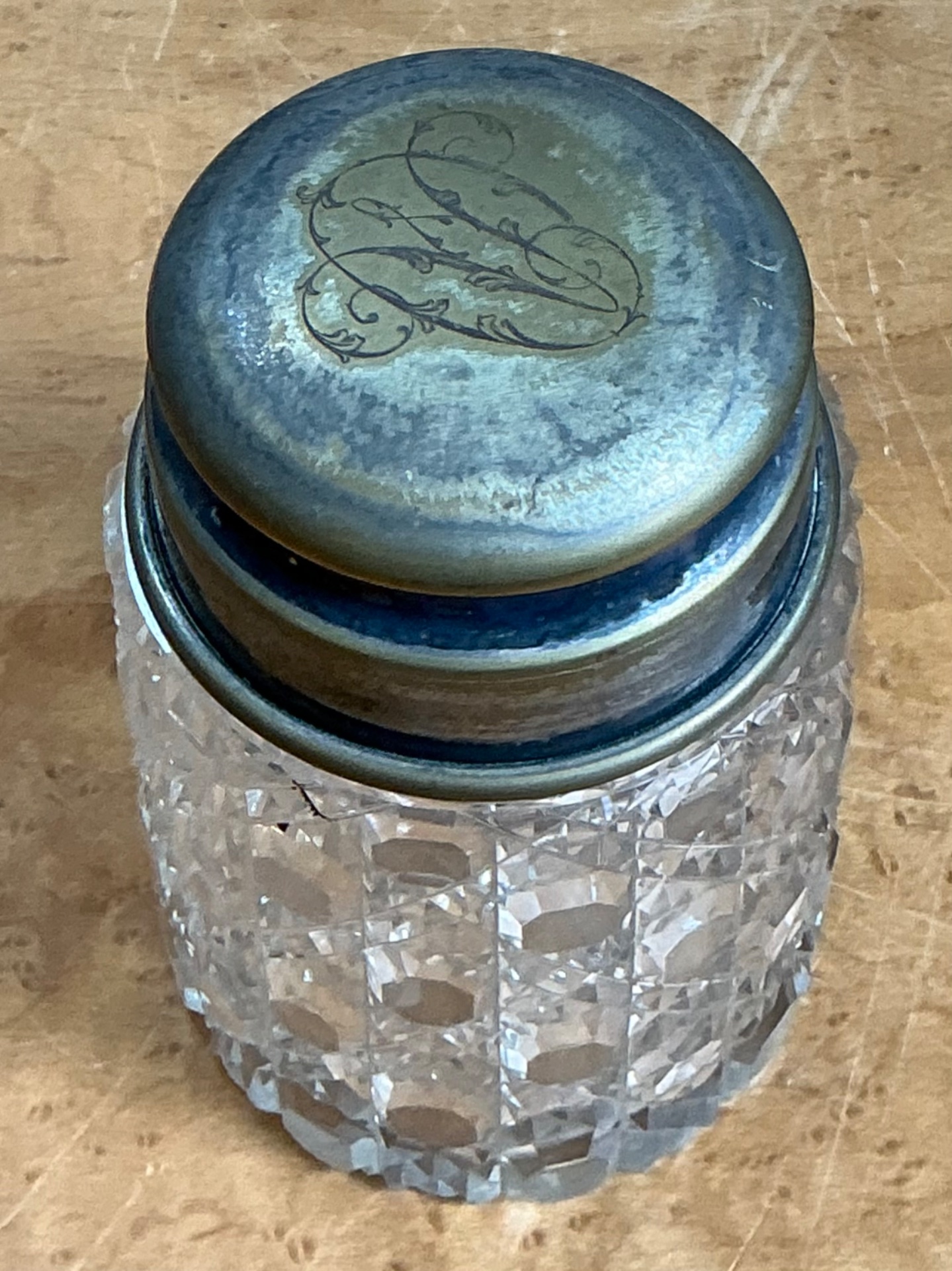 Antique Monogrammed Metal Topped Glass Vanity Jar - Side view