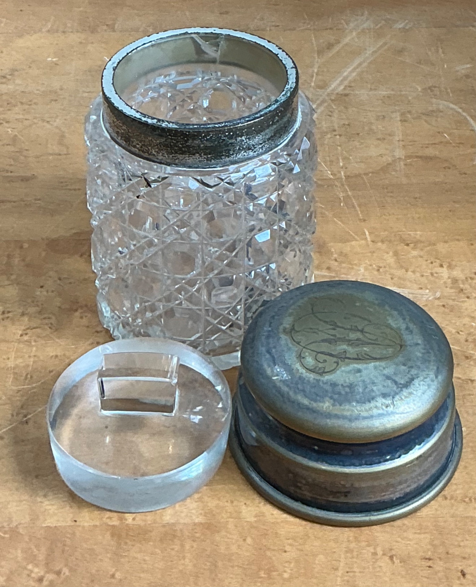 Antique Monogrammed Metal Topped Glass Vanity Jar - Top view