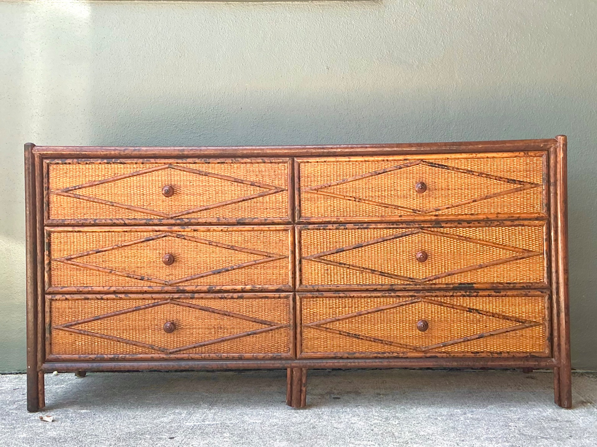 Vintage Diamond Weave Tortoise Bamboo Dresser - Side view