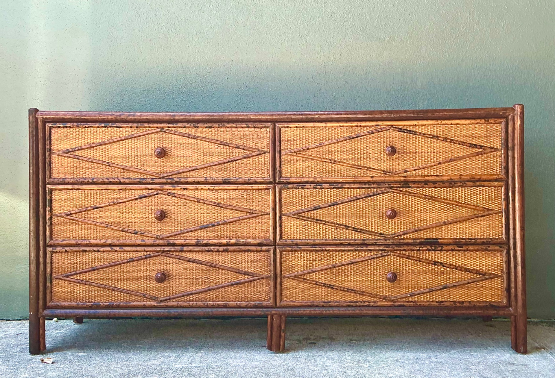 Vintage Diamond Weave Tortoise Bamboo Dresser - Top view