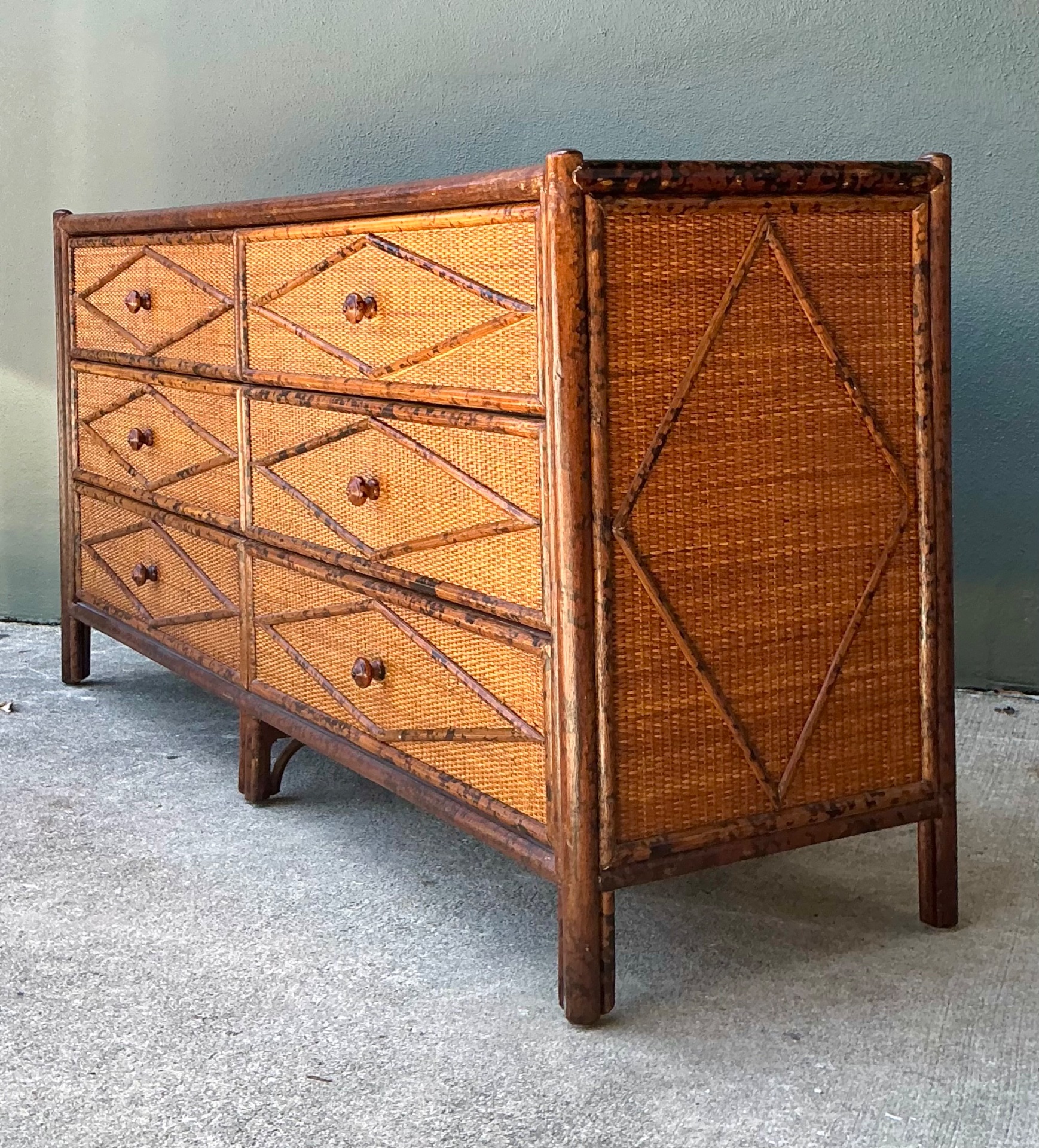 Vintage Diamond Weave Tortoise Bamboo Dresser - Detail view