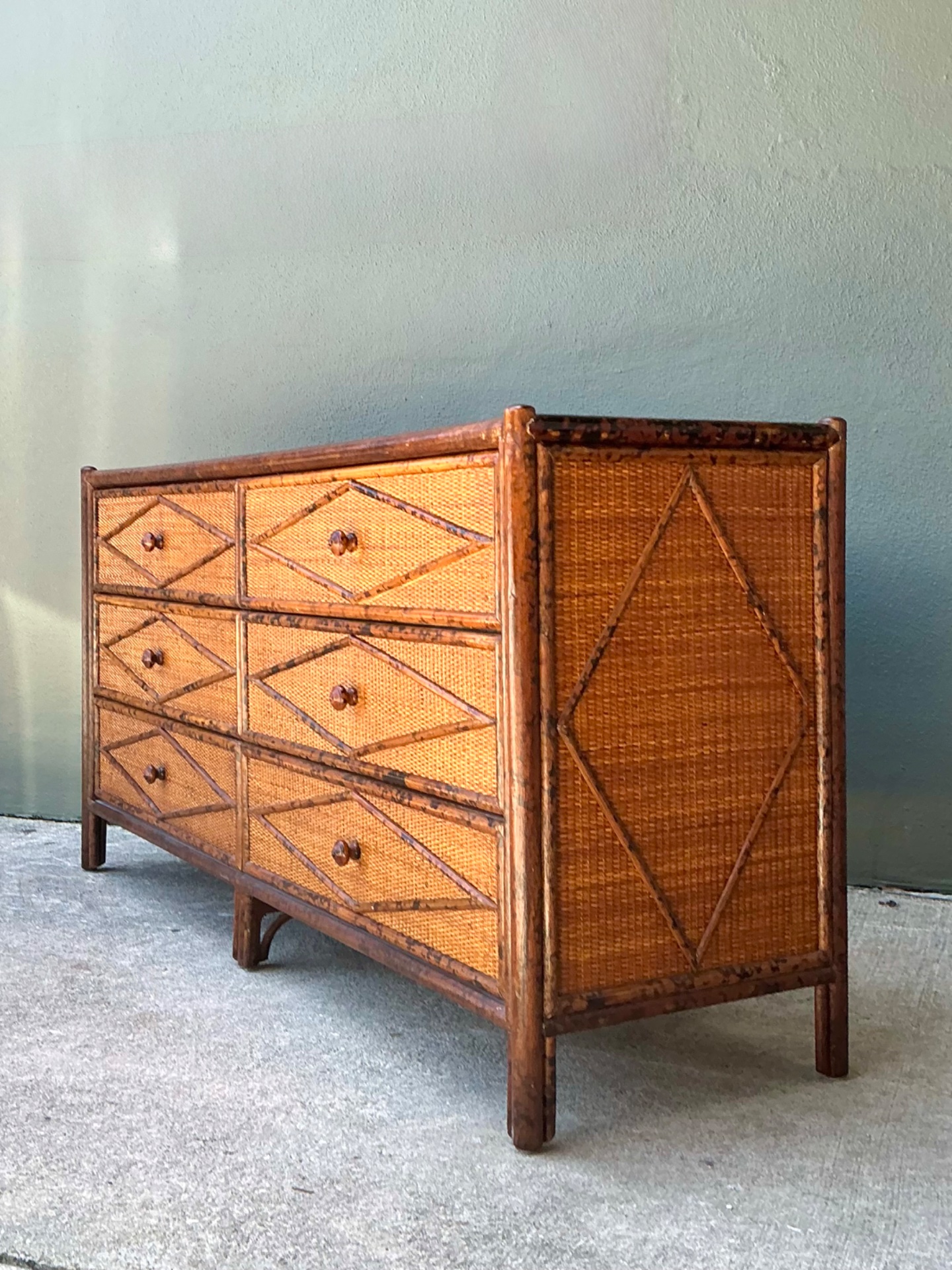 Vintage Diamond Weave Tortoise Bamboo Dresser - Back view