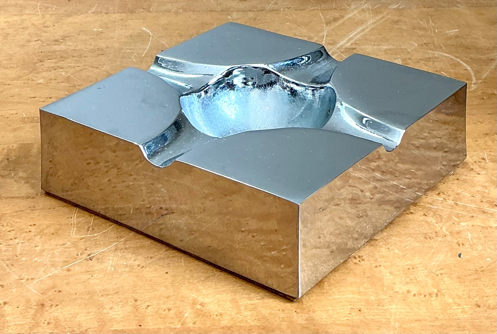 Vintage Chrome Geometric Ashtray - Side view