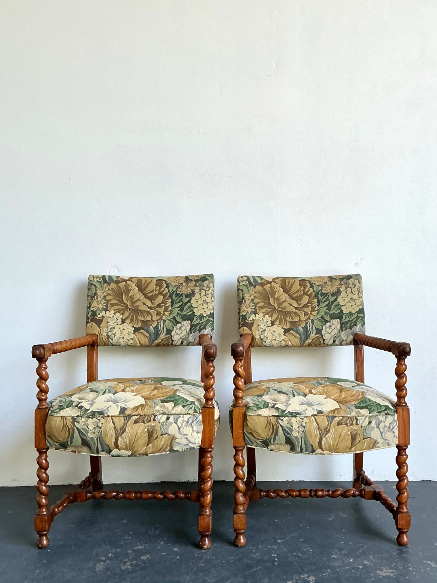 Vintage Twisted Wood Dorothy Draper Upholstered Barley Twist Armchairs - Detail view