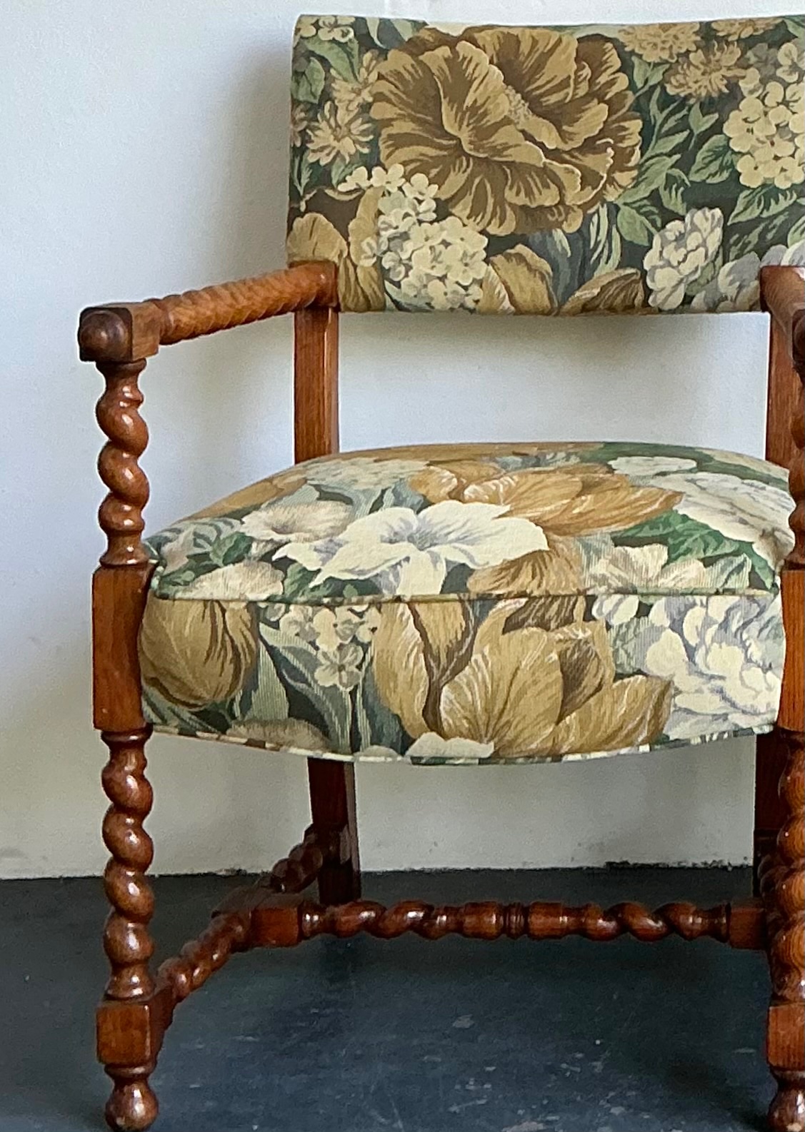 Vintage Twisted Wood Dorothy Draper Upholstered Barley Twist Armchairs - Back view