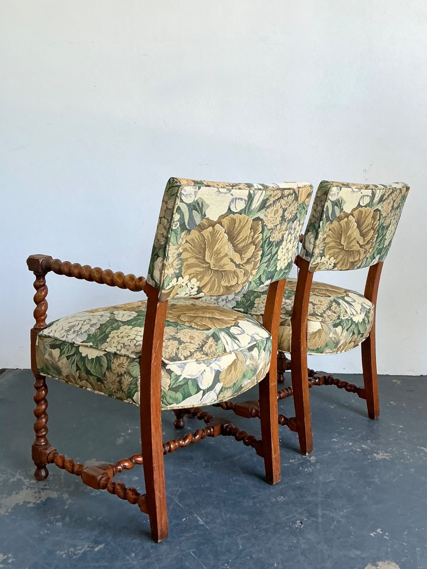 Vintage Twisted Wood Dorothy Draper Upholstered Barley Twist Armchairs - Side view