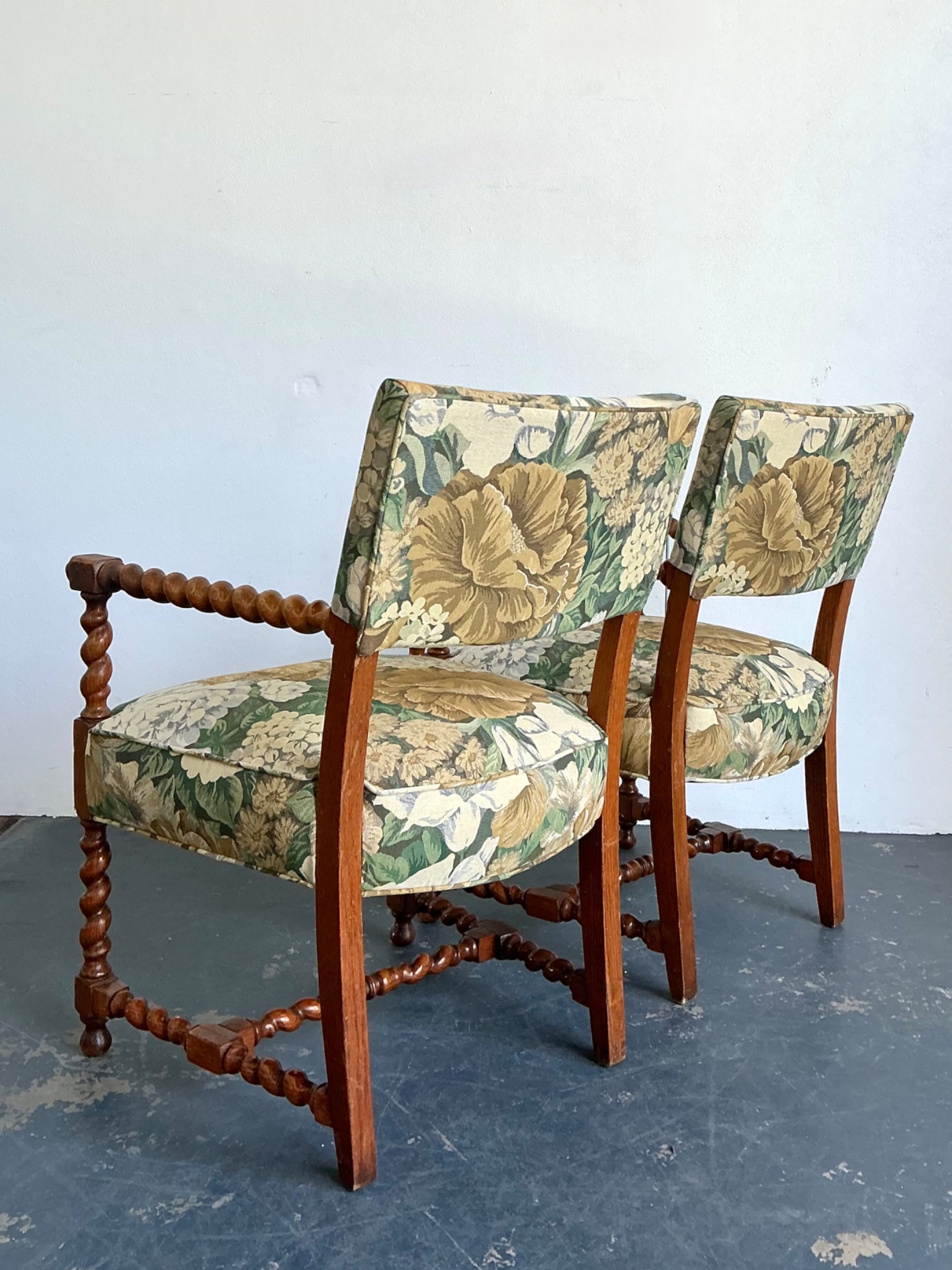 Vintage Twisted Wood Dorothy Draper Upholstered Barley Twist Armchairs - Top view