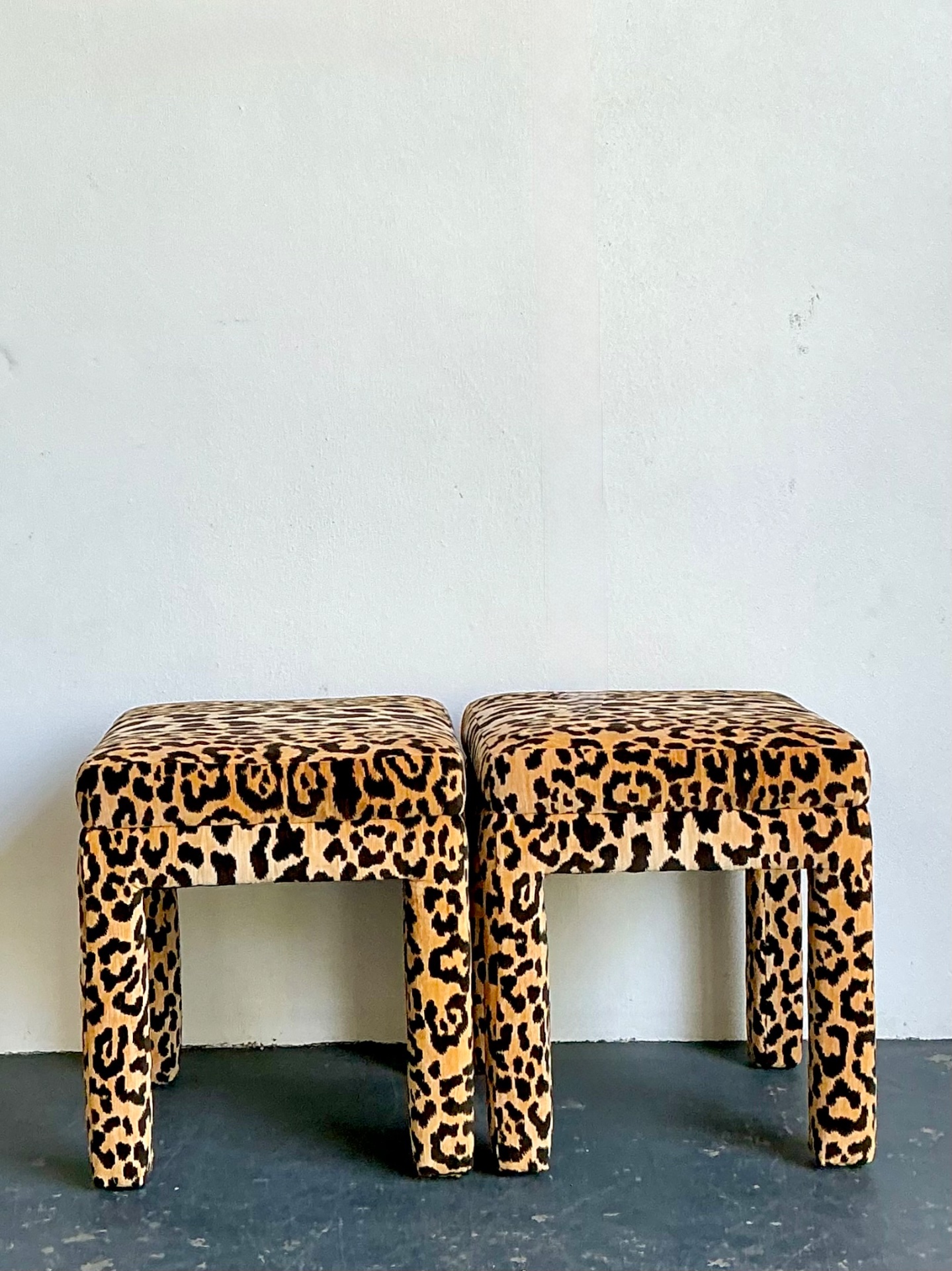 Vintage Leopard Velvet Upholstered Stools - Set of 2 - Back view