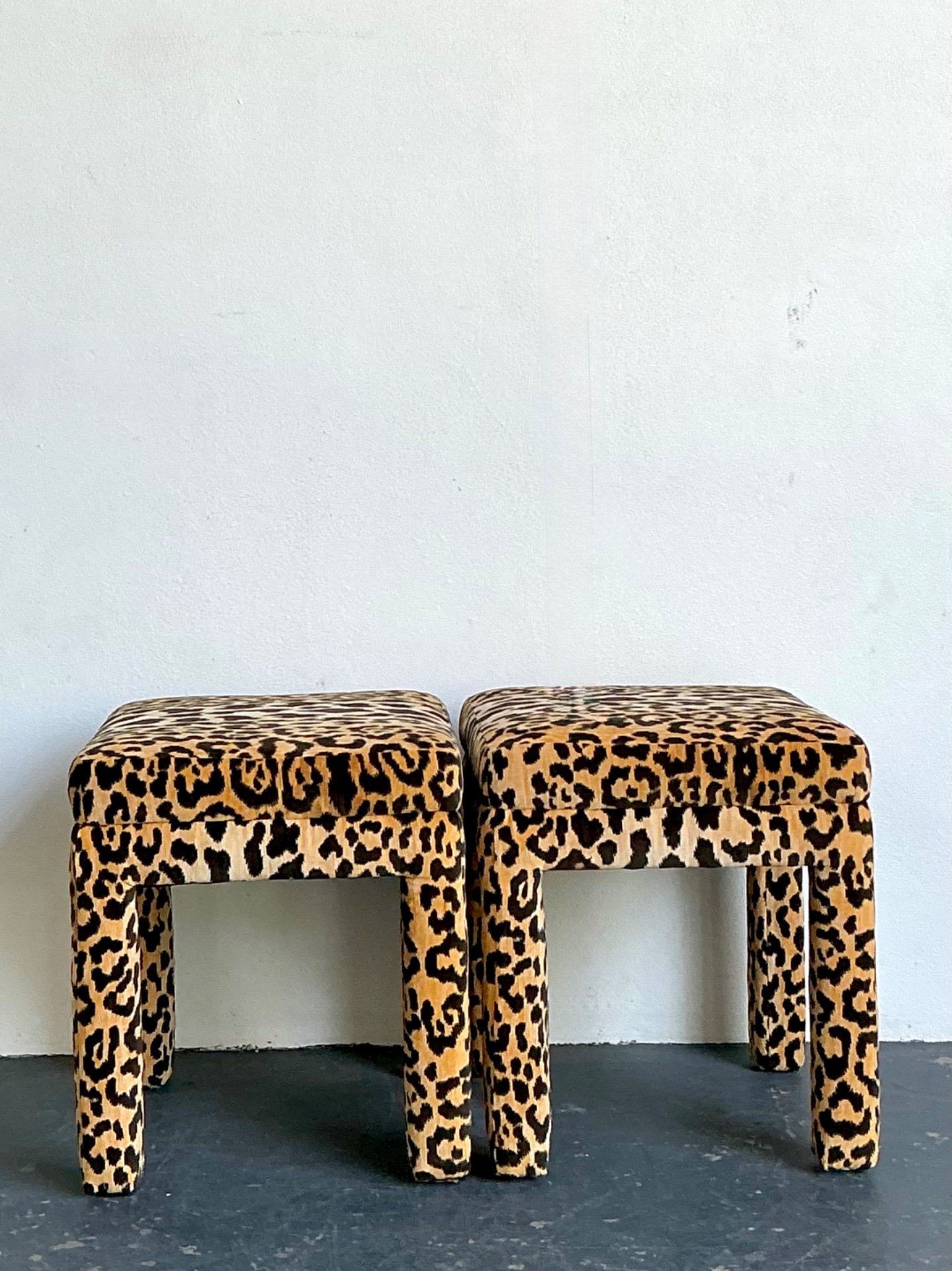 Vintage Leopard Velvet Upholstered Stools - Set of 2 - Top view