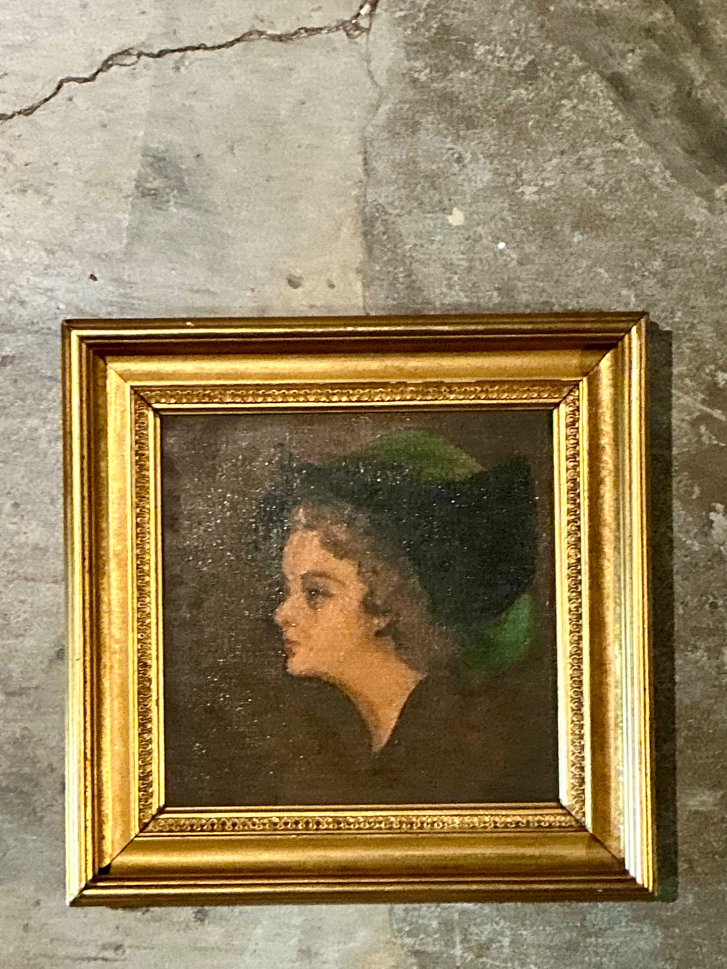 Vintage Lady in Hat Oil Painting - Top view