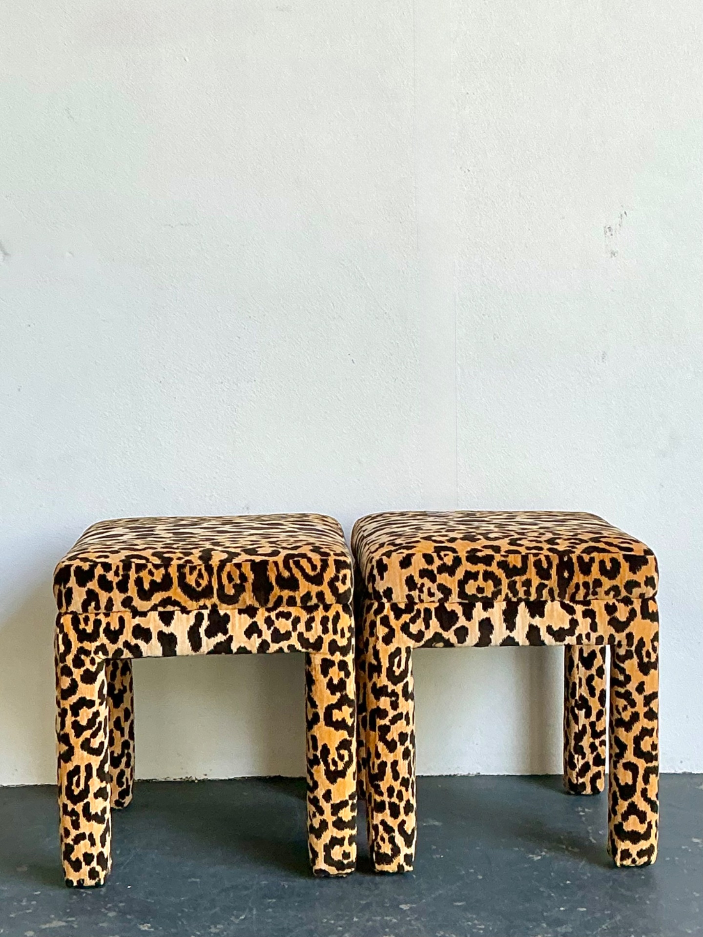 Vintage Leopard Velvet Upholstered Stools - Set of 2 - Side view