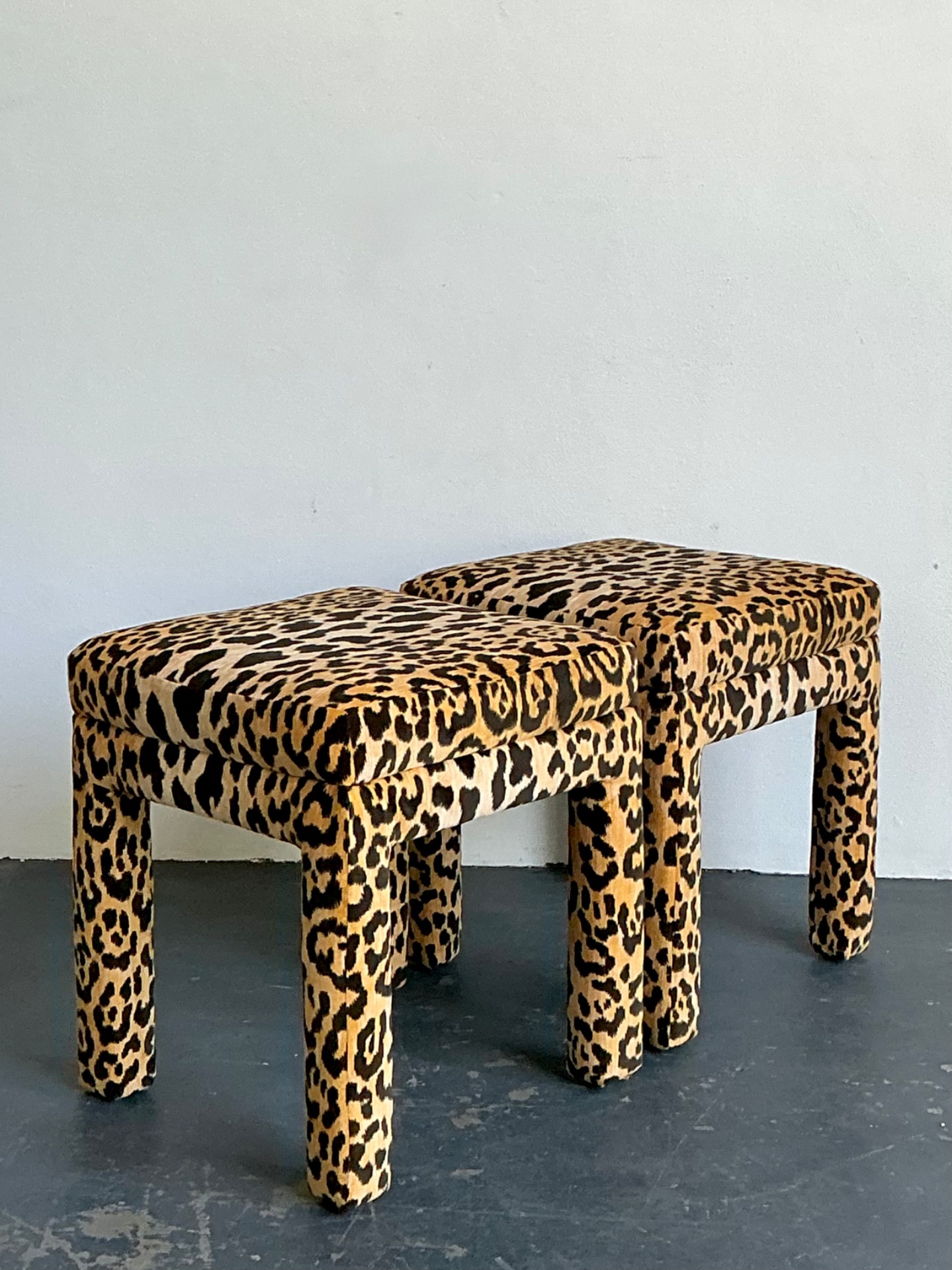 Vintage Leopard Velvet Upholstered Stools - Set of 2 - Detail view