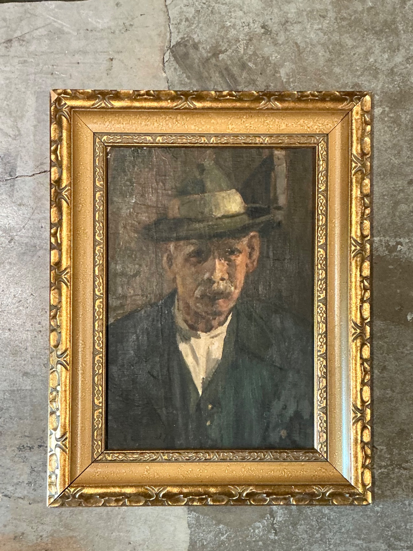 Vintage Framed Oil Portrait on Canvas - Top view