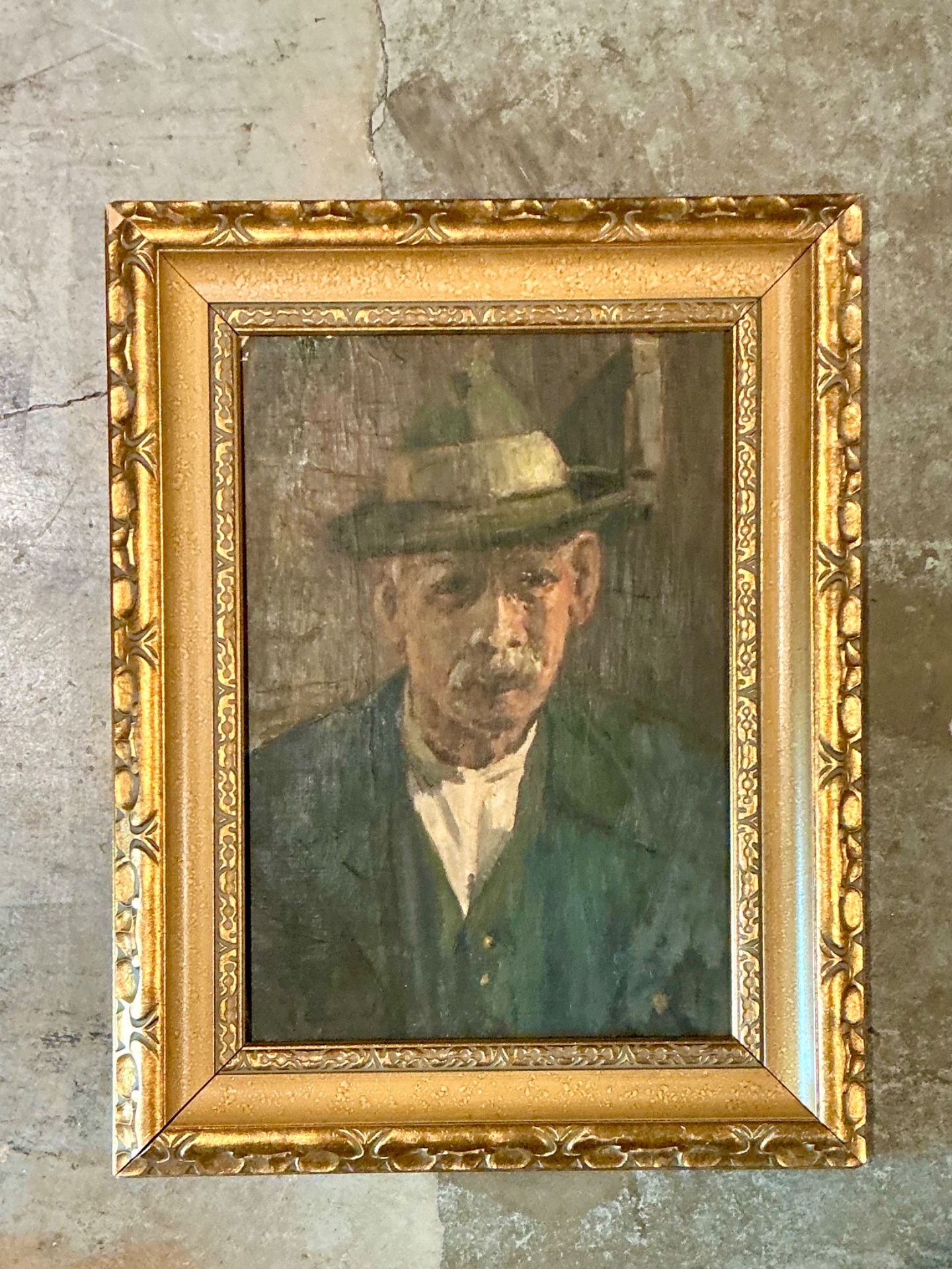 Vintage Framed Oil Portrait on Canvas - Top view