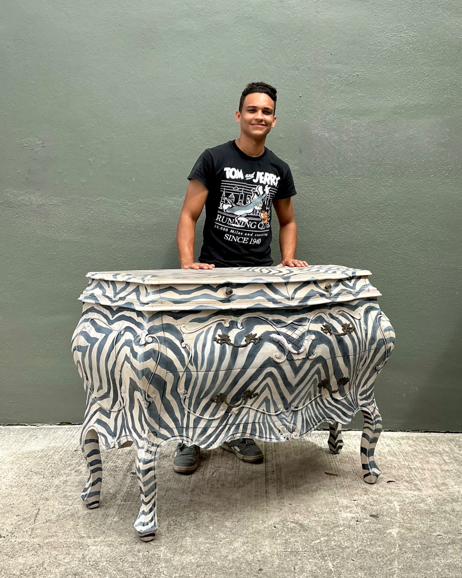 Vintage Hand Painted Zebra Bombe Chest - Side view