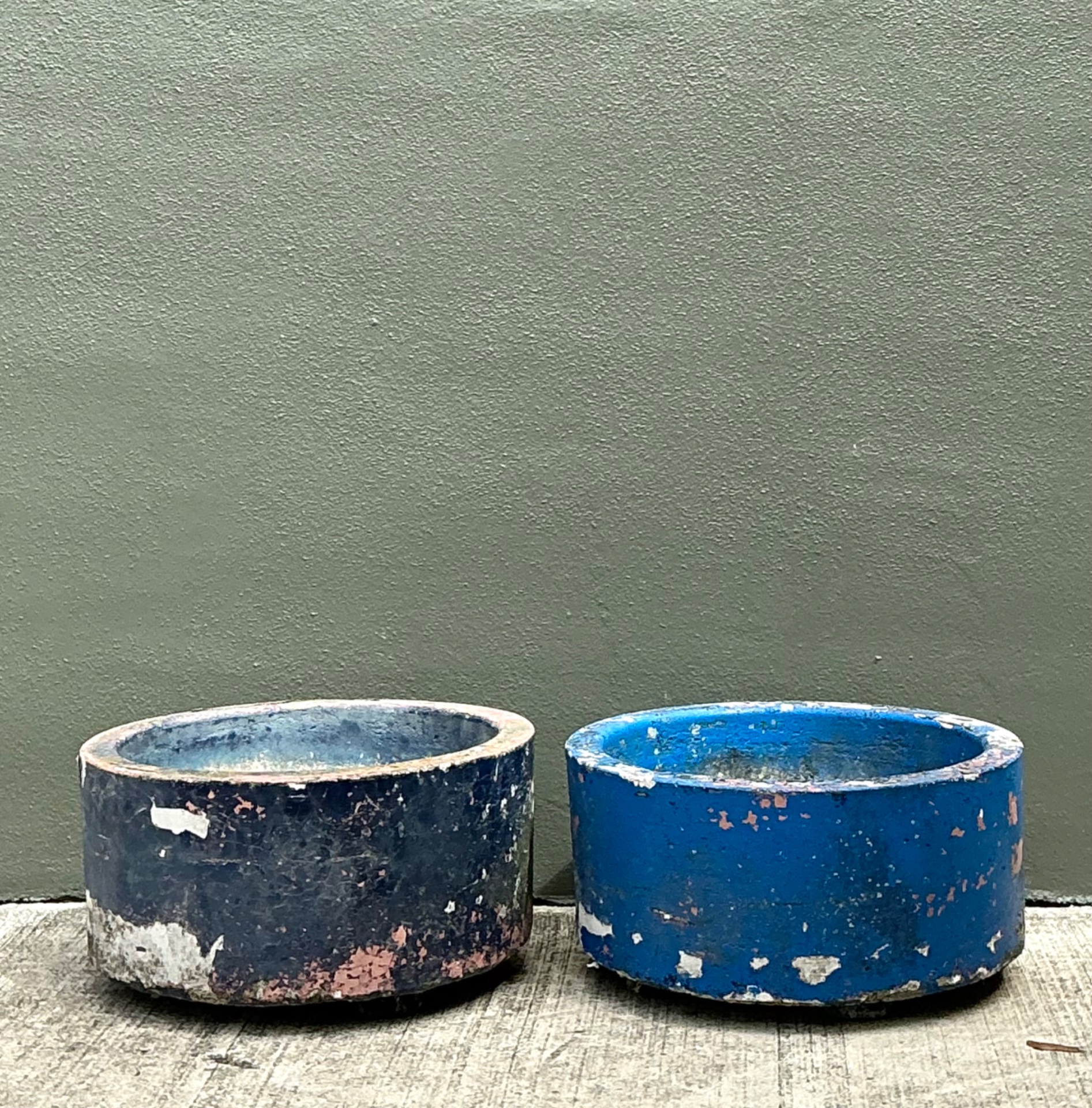 Vintage Distressed Painted Cement Planters - Set of 2 - Top view