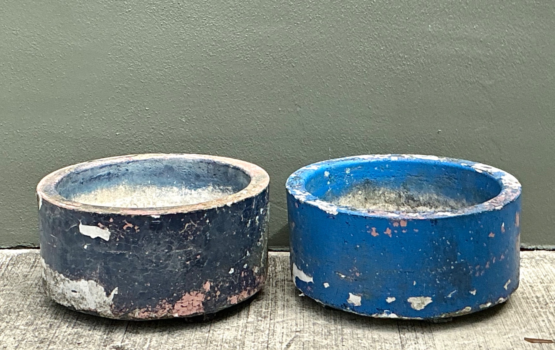 Vintage Distressed Painted Cement Planters - Set of 2 - Side view