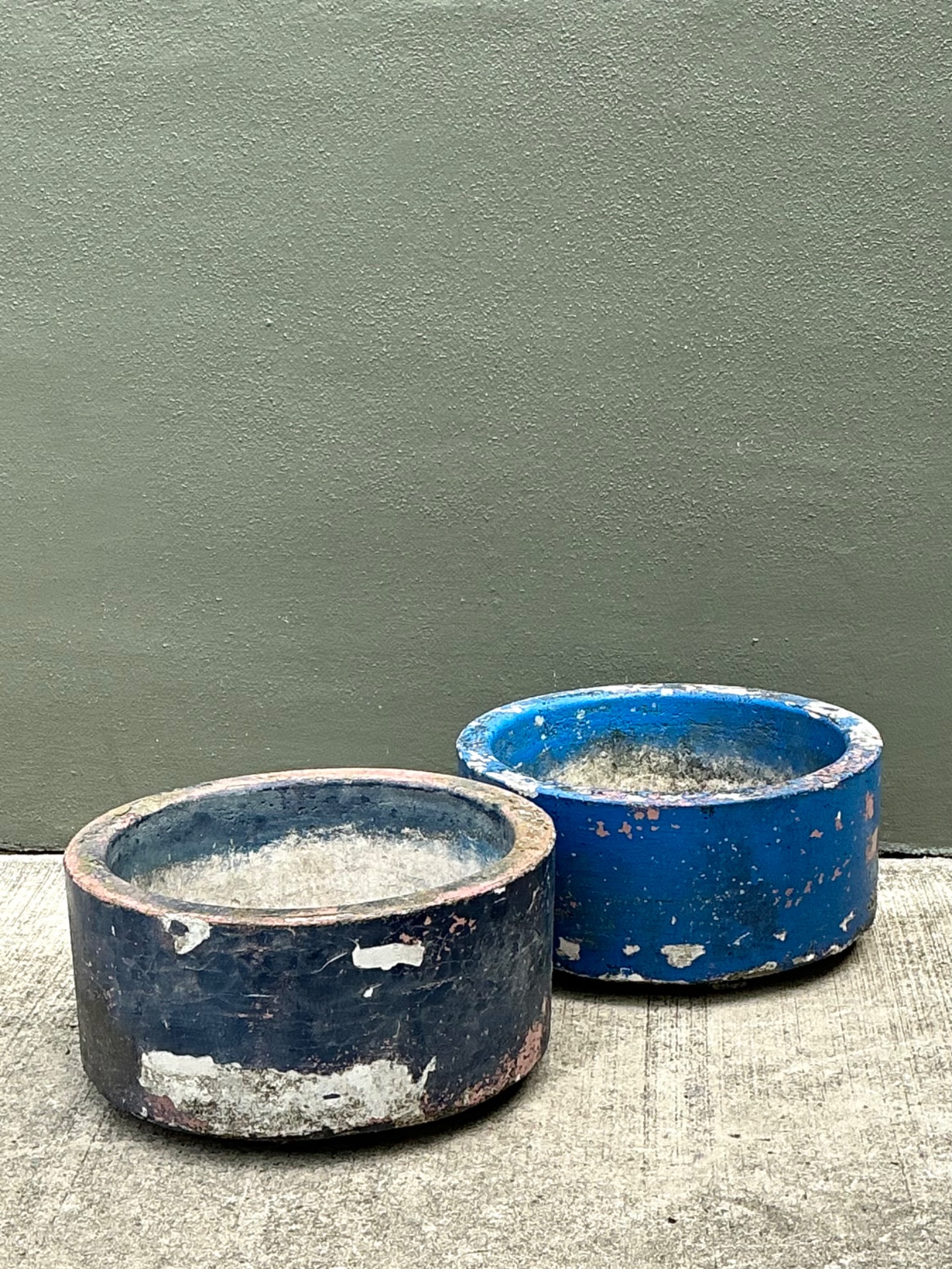 Vintage Distressed Painted Cement Planters - Set of 2 - Detail view