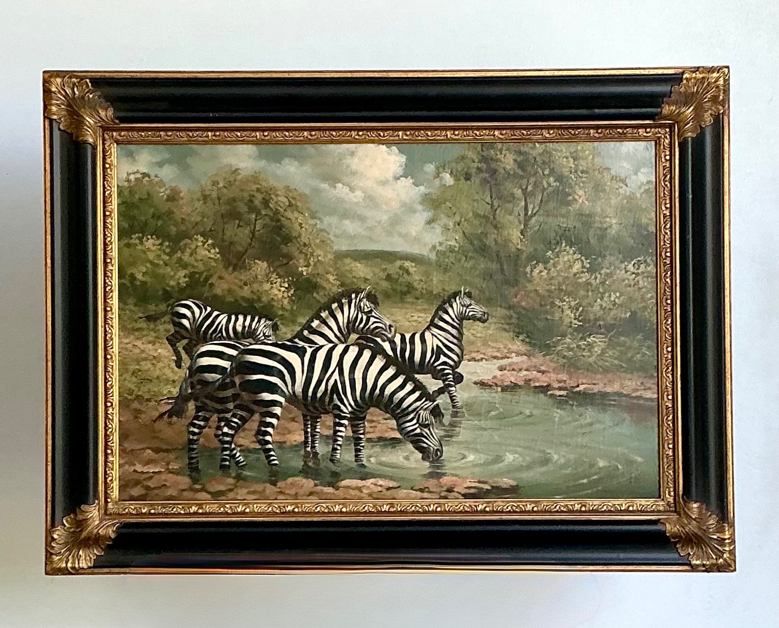 Vintage Zebra Landscape Oil Painting - Back view