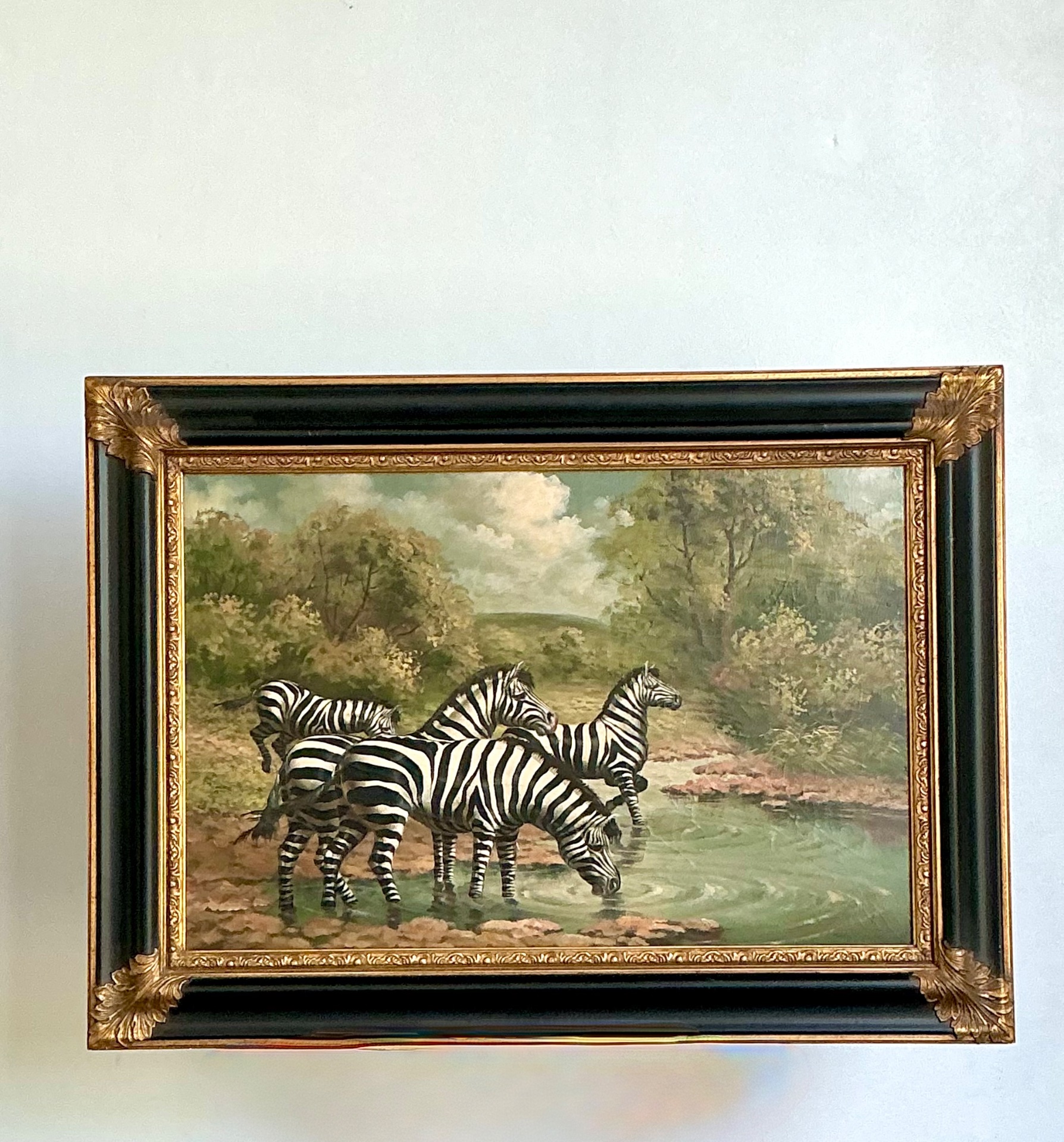 Vintage Zebra Landscape Oil Painting - Side view