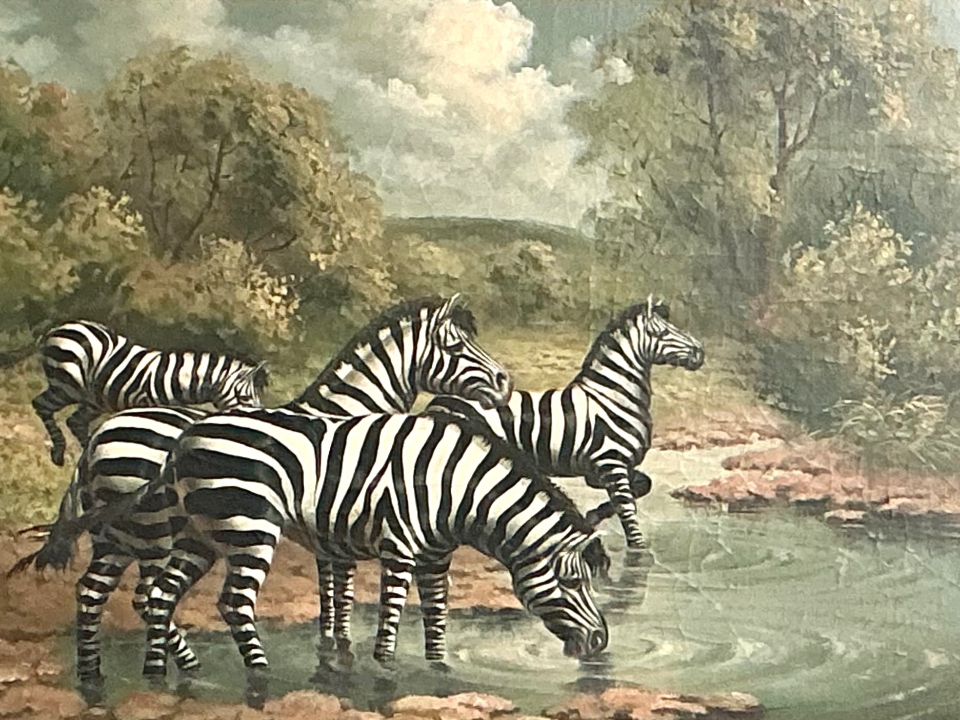 Vintage Zebra Landscape Oil Painting - Top view