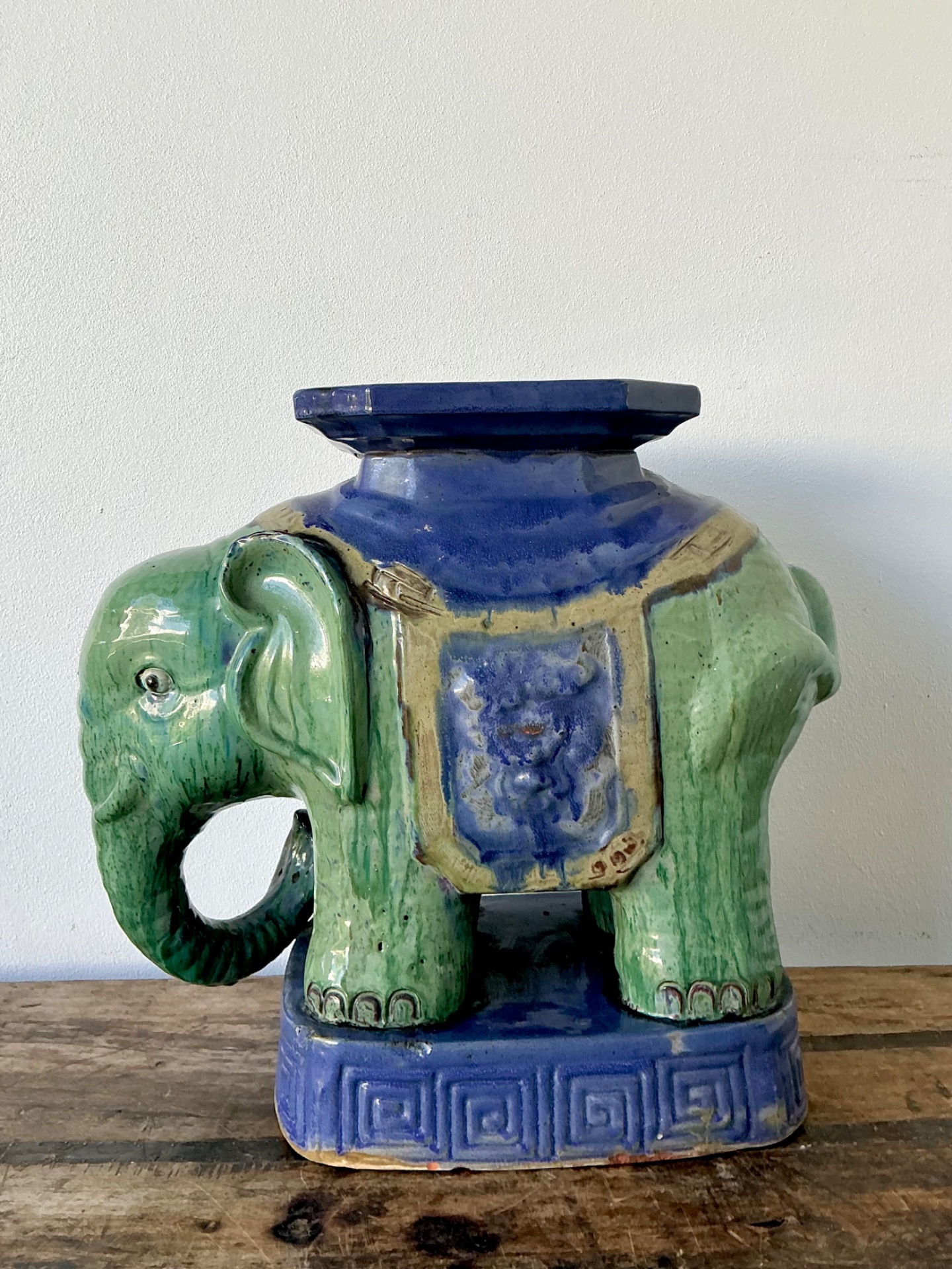 Vintage Glazed Ceramic Elephant Low Stool - Ceramic, 20.75W x 18.75H - Side view