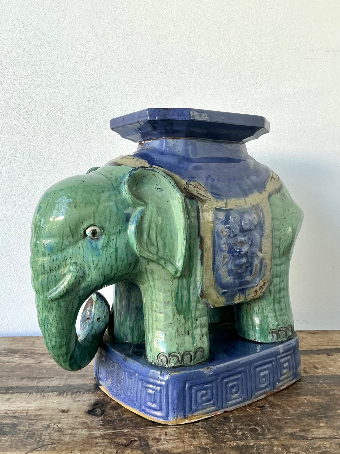 Vintage Glazed Ceramic Elephant Low Stool - Ceramic, 20.75W x 18.75H - Back view