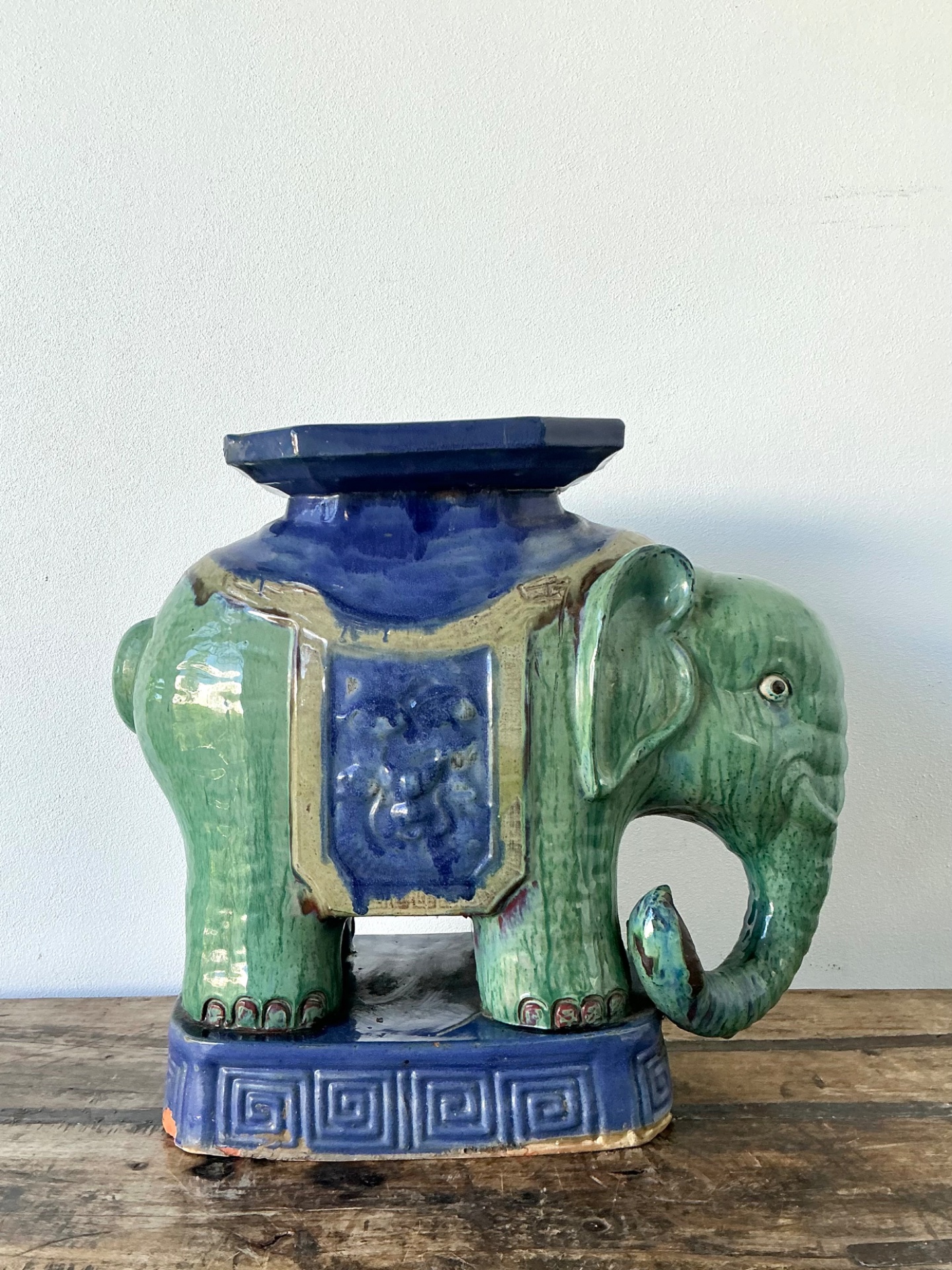 Vintage Glazed Ceramic Elephant Low Stool - Ceramic, 20.75W x 18.75H - Detail view