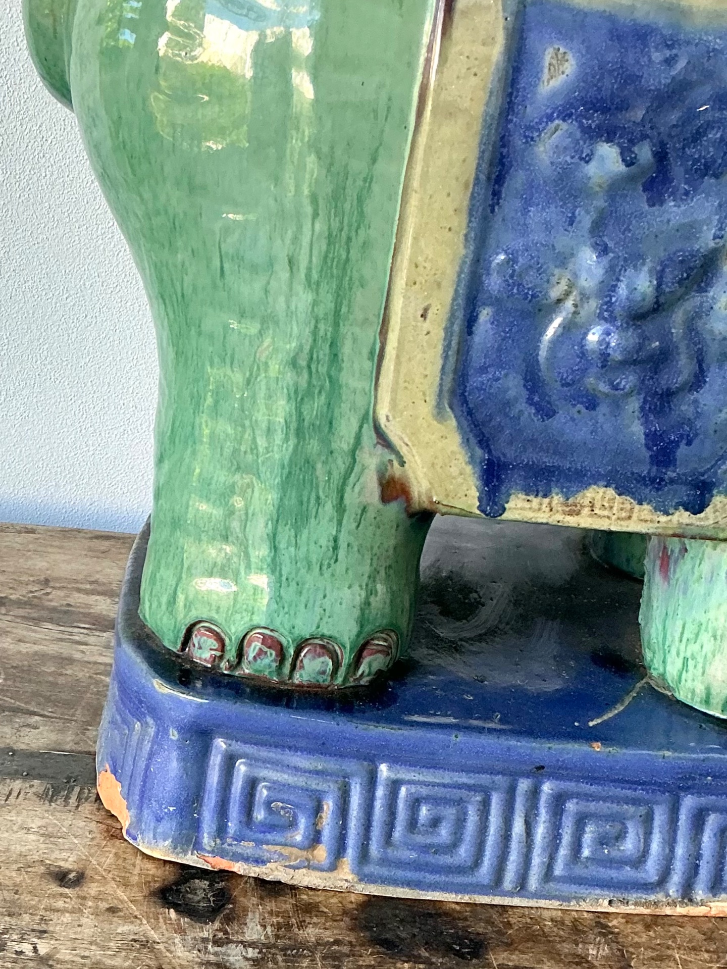 Vintage Glazed Ceramic Elephant Low Stool - Ceramic, 20.75W x 18.75H - Top view