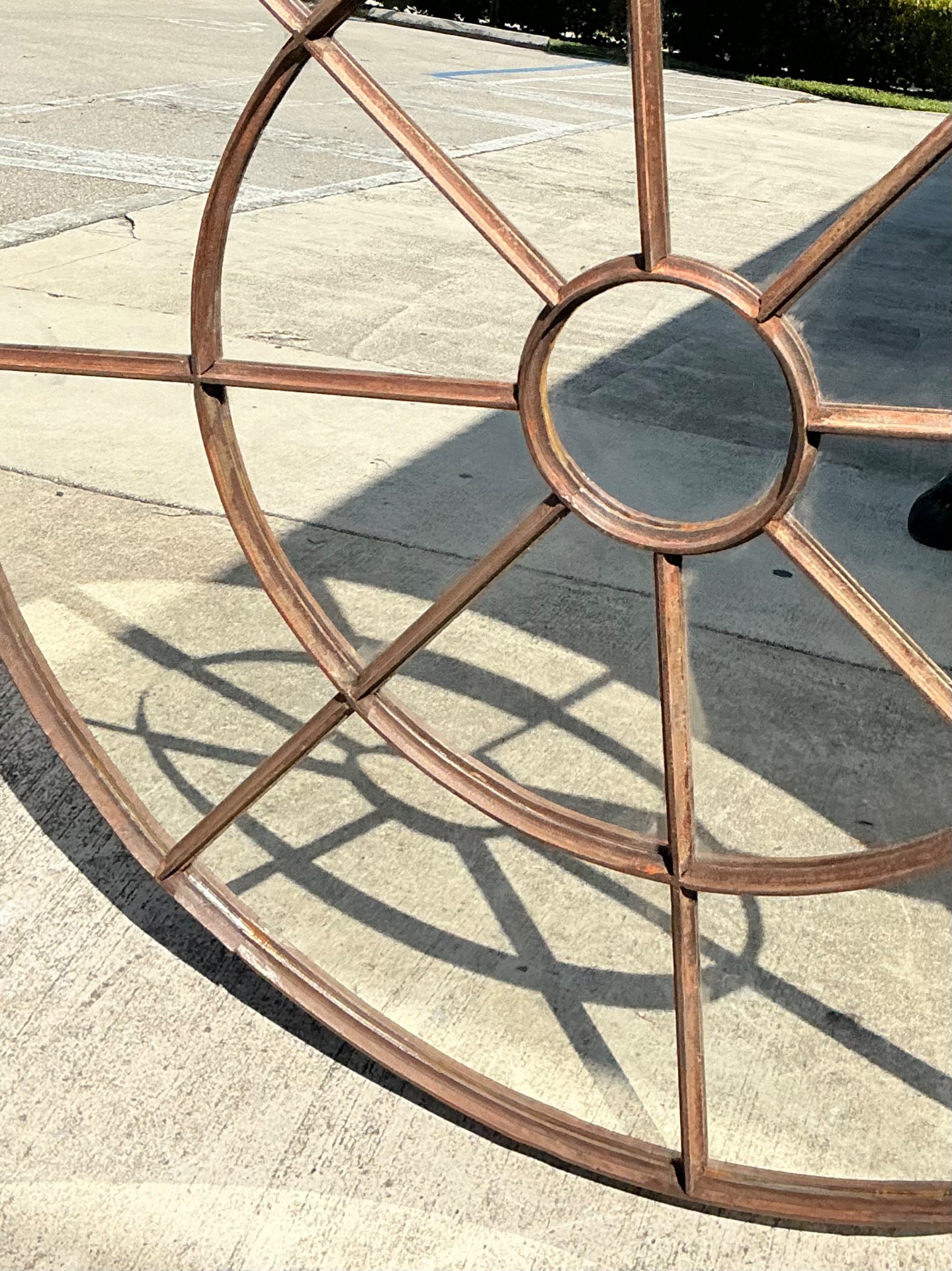Vintage Round Wrought Iron Windowpane Mirror - Top view