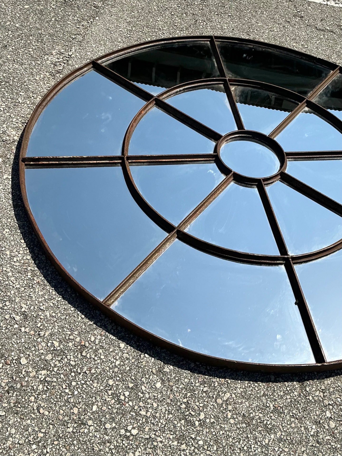 Vintage Round Wrought Iron Windowpane Mirror - Back view
