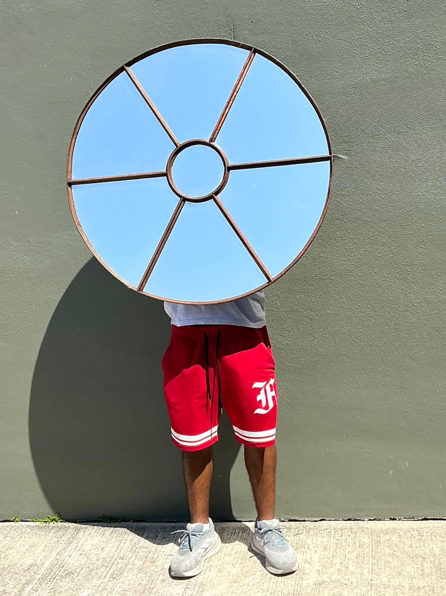 Vintage Wrought Iron Round Windowpane Mirror - Side view