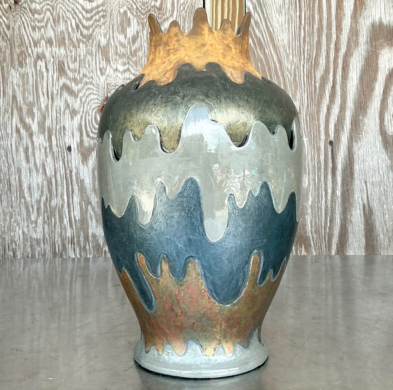Vintage Boho Monumental Layered Ripple Ceramic Vase - Top view