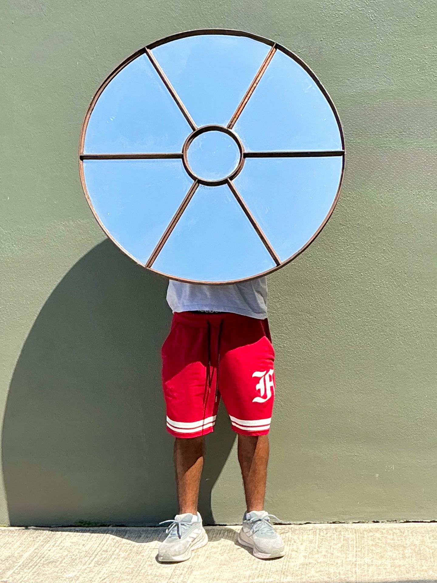 Vintage Wrought Iron Round Windowpane Mirror - Back view